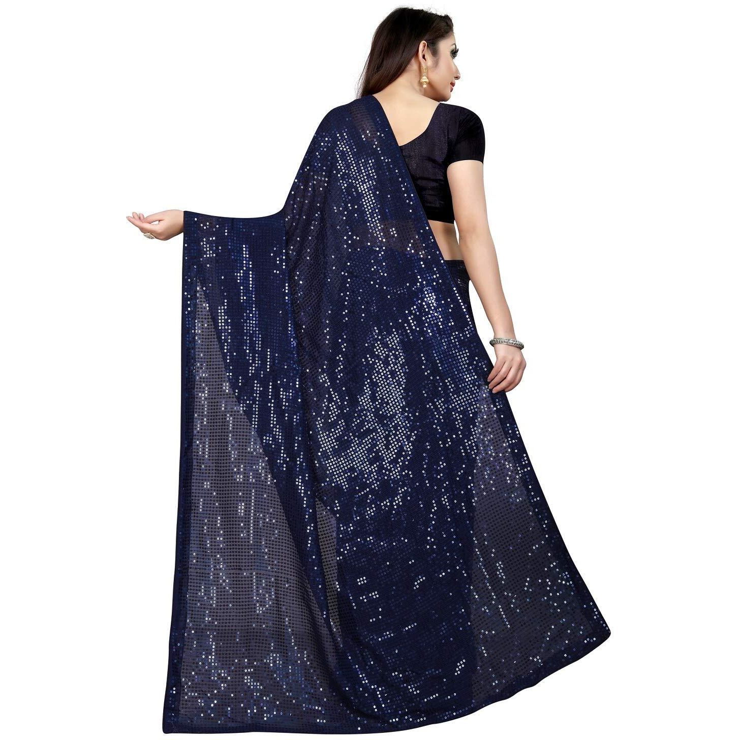 PristiveFashionHub Womens Sequence Silk Saree with Blouse Piece (Sequence-18-Saree_Blue)