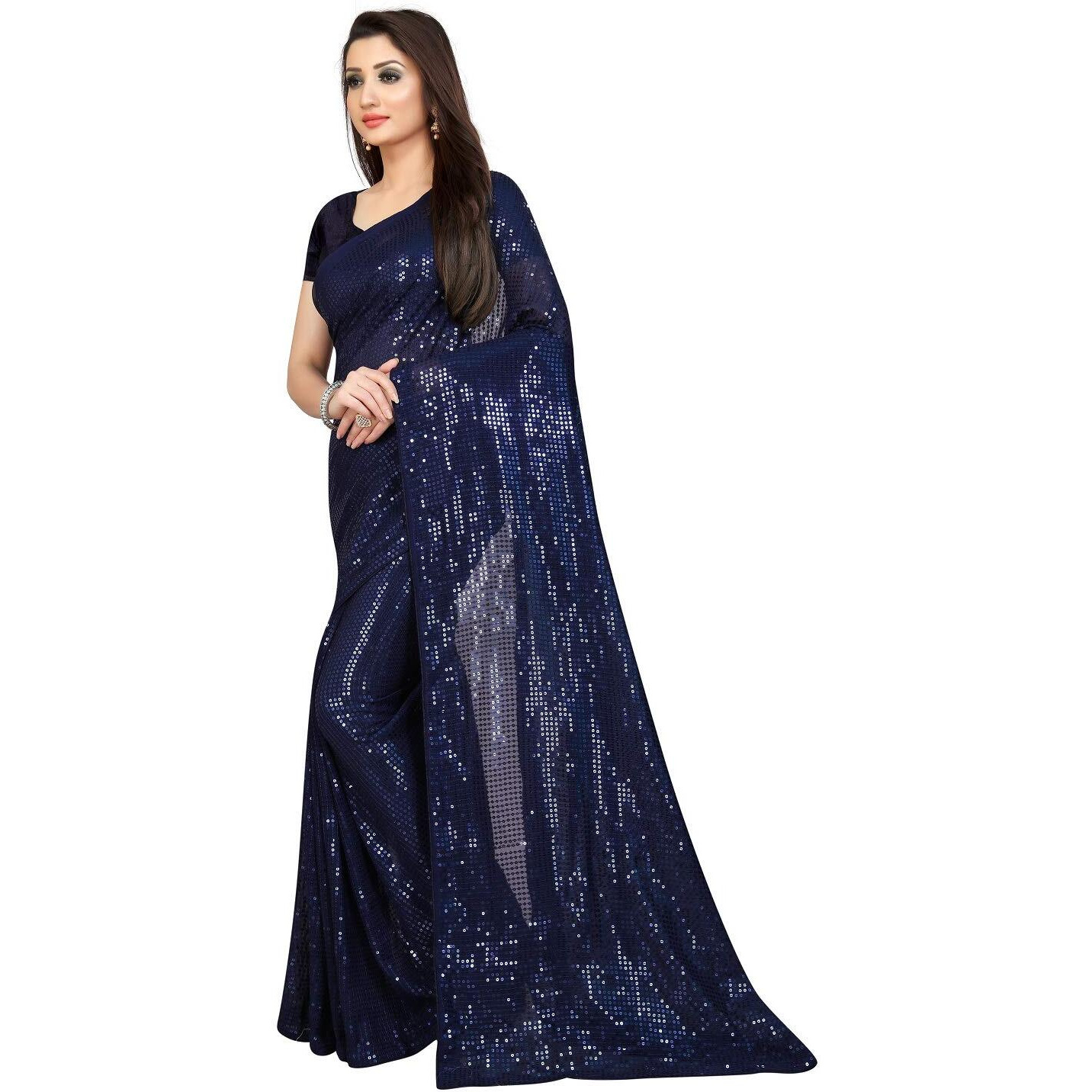 PristiveFashionHub Womens Sequence Silk Saree with Blouse Piece (Sequence-18-Saree_Blue)