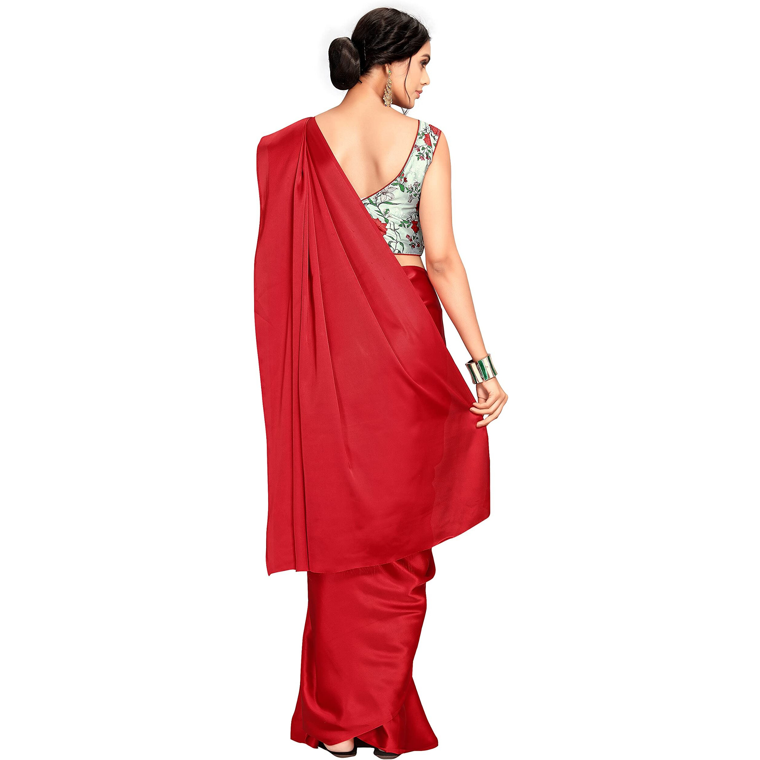 Cloud walker Women Soft Satin Silk Saree With Digital Printed Unstiched Blouse Piece(5.5m Saree +0.8m Blouse Piece). (RED)