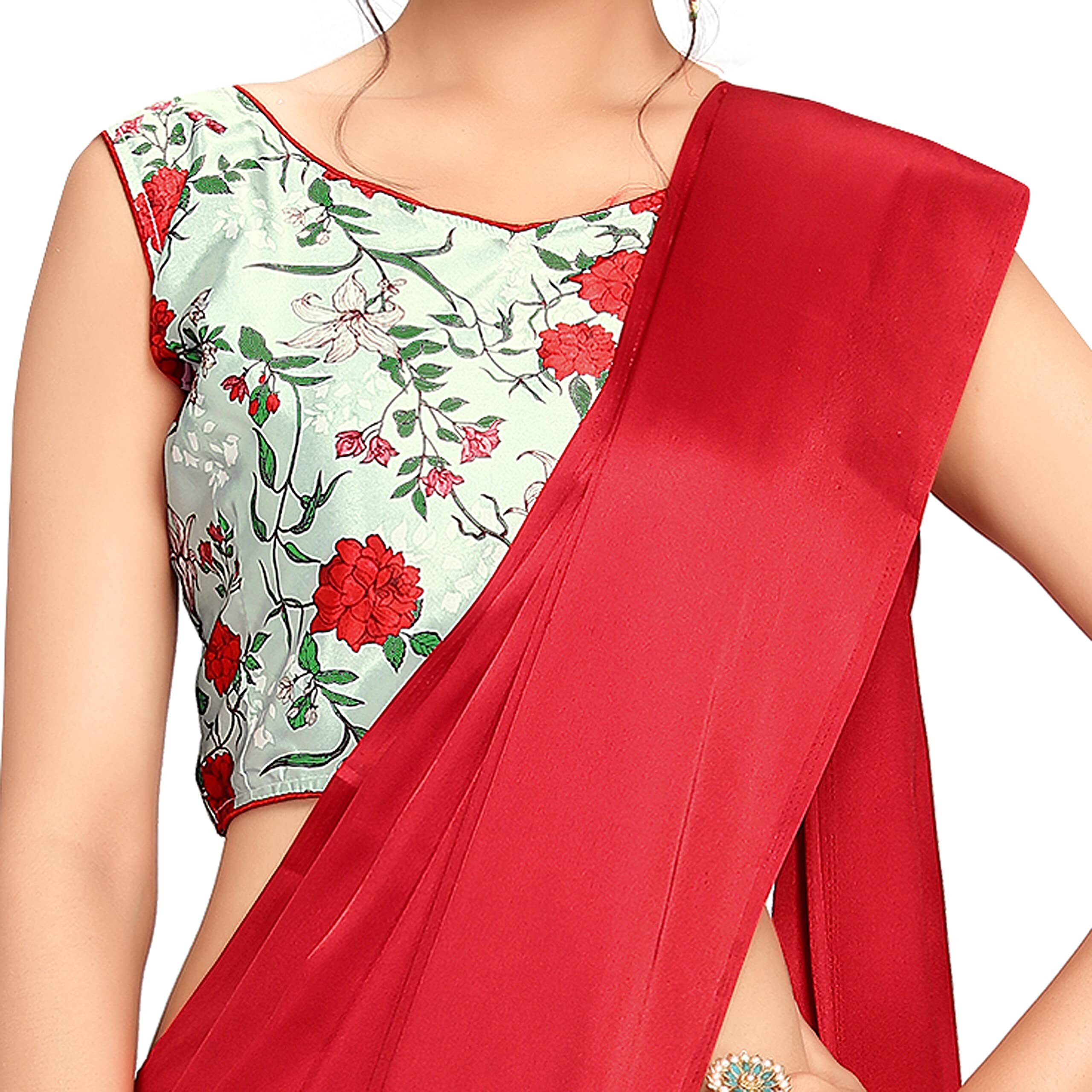 Cloud walker Women Soft Satin Silk Saree With Digital Printed Unstiched Blouse Piece(5.5m Saree +0.8m Blouse Piece). (RED)