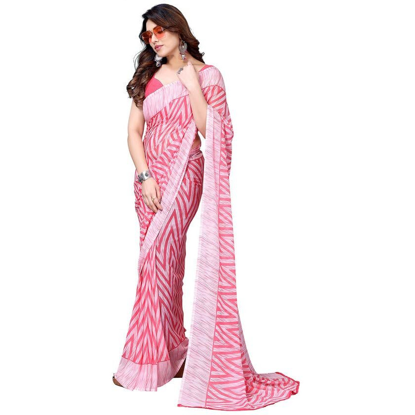 Satrani Womens Pure Georgette Saree (3201S2294NA_Pink & White)