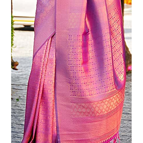 Pujia Mills Womens Banarasi Silk Saree with Blouse (Kumbhi Saree_Purple)