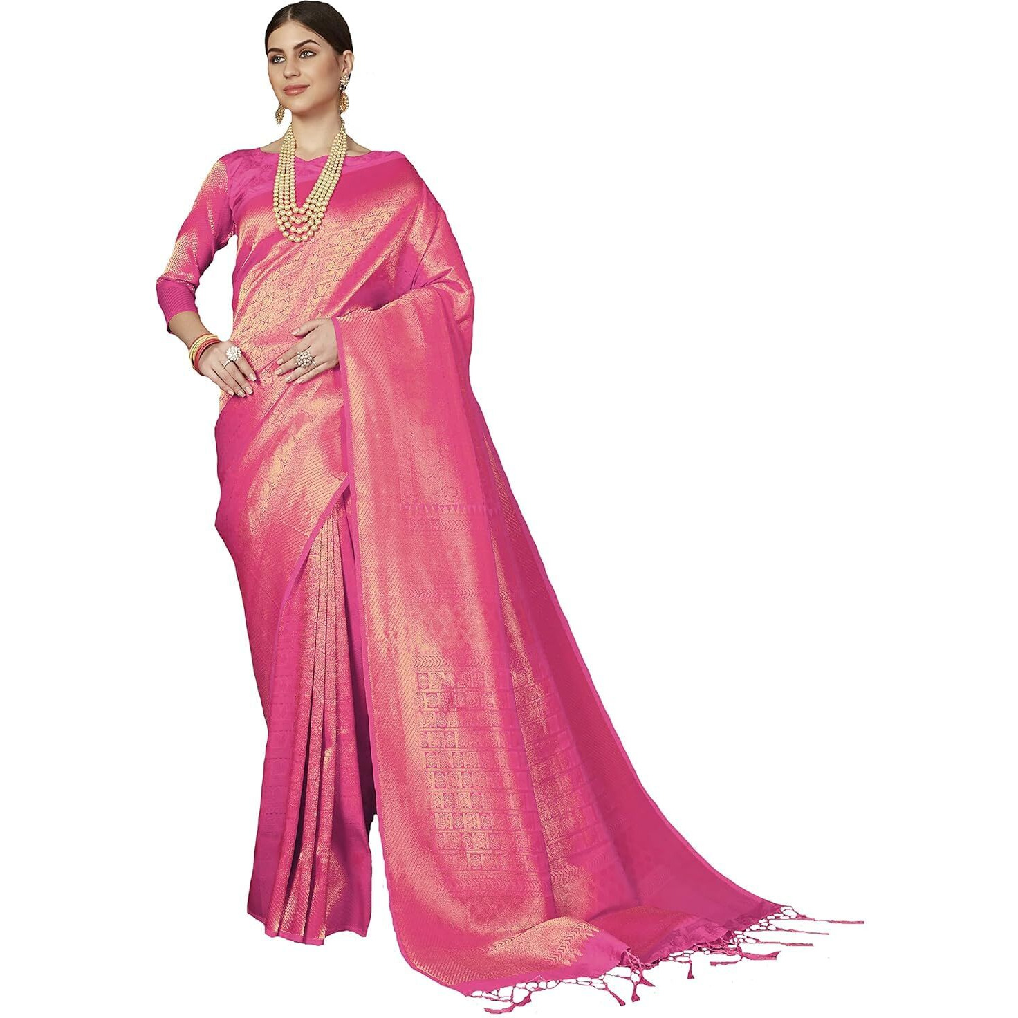 Pujia Mills womens kanjivaram banarasi silk saree (Dark Pink)