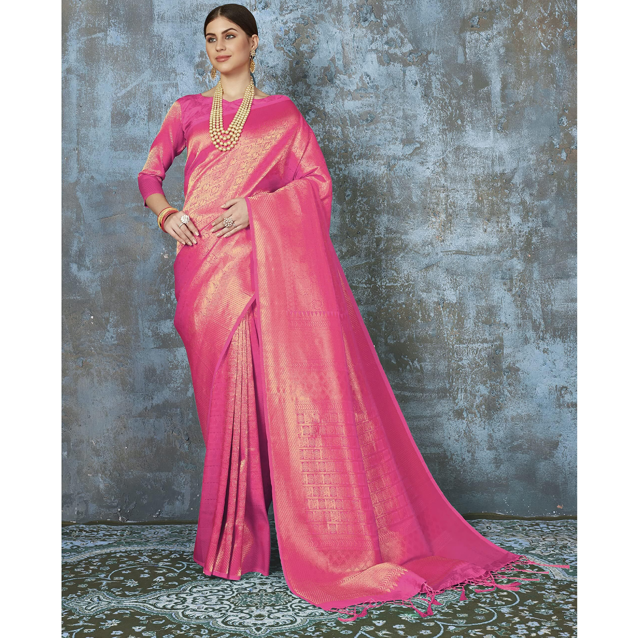 Pujia Mills womens kanjivaram banarasi silk saree (Dark Pink)