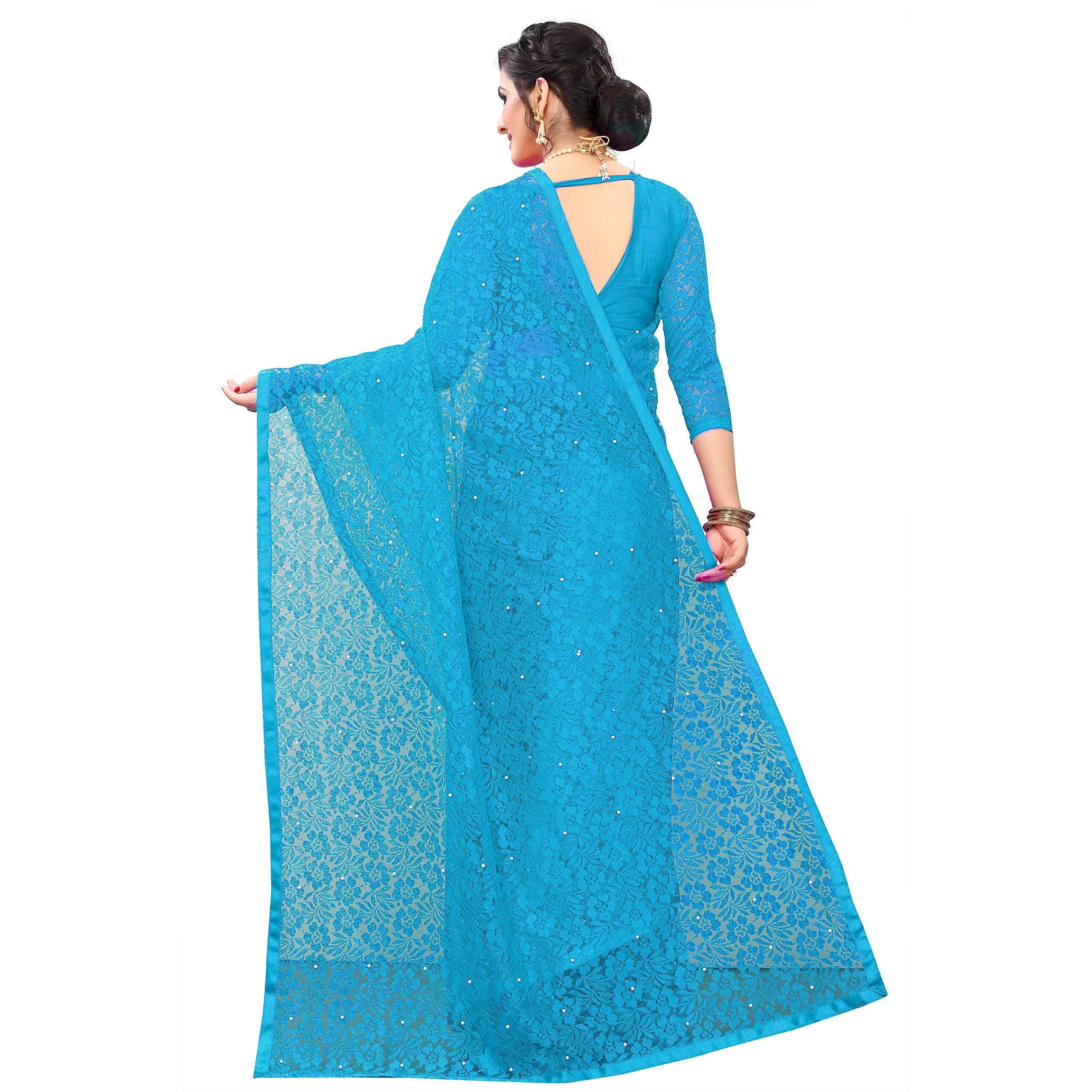 LOROFY Womens Net Saree (With Blouse_Free Size) (Sky Blue)