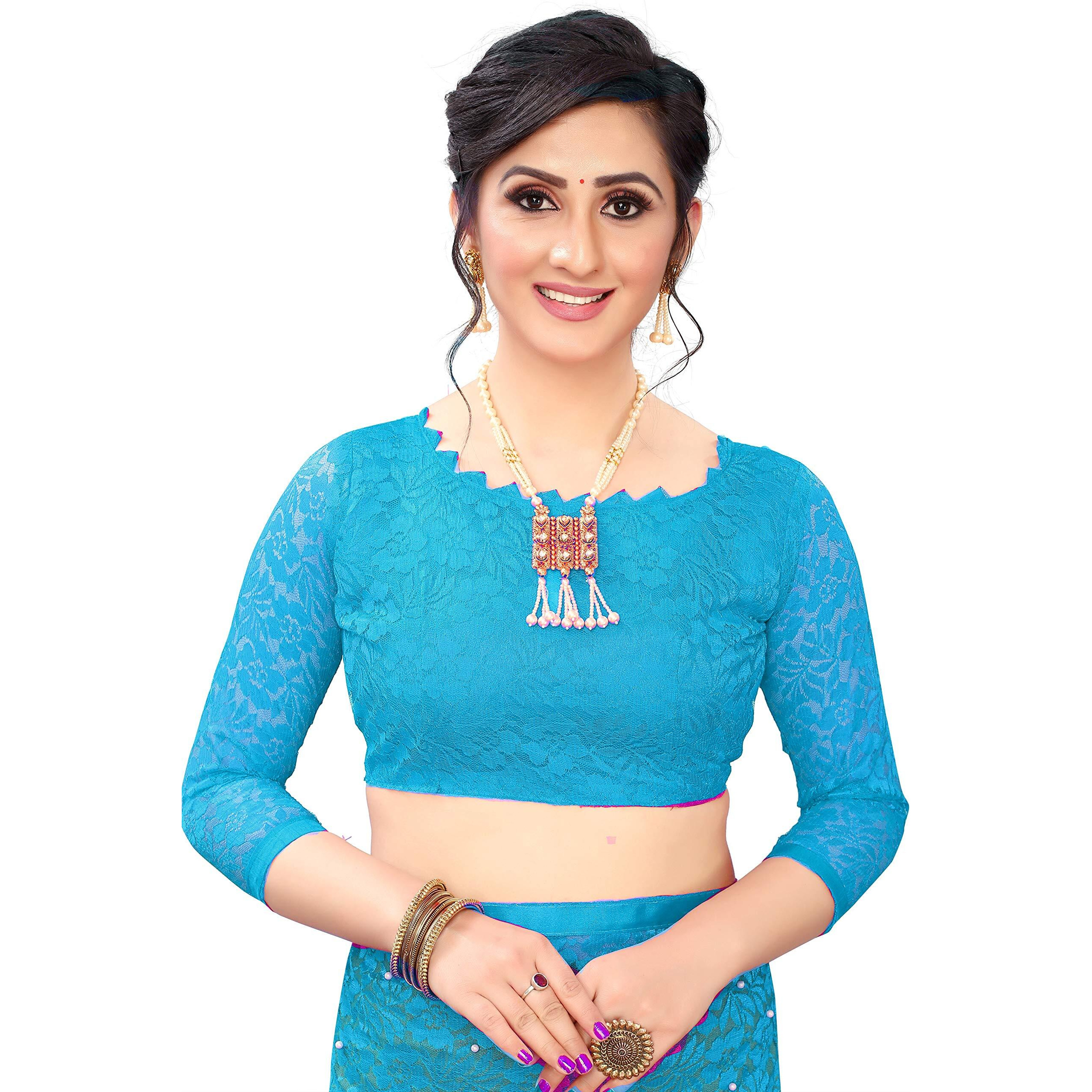LOROFY Womens Net Saree (With Blouse_Free Size) (Sky Blue)