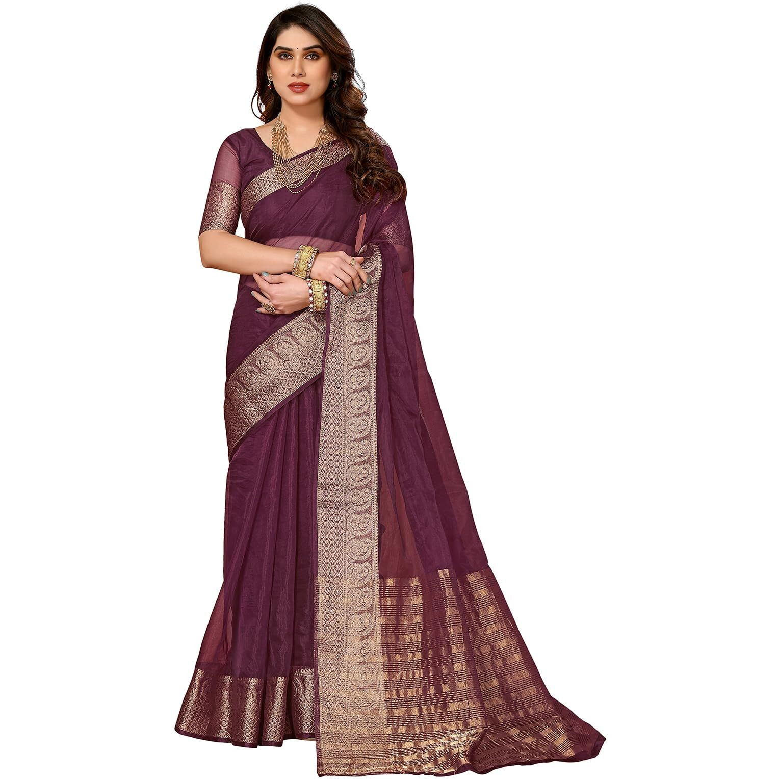 SIRIL Womens Jacquard Border Organza Saree with Unstitched Blouse Piece (3276S258A_Wine)