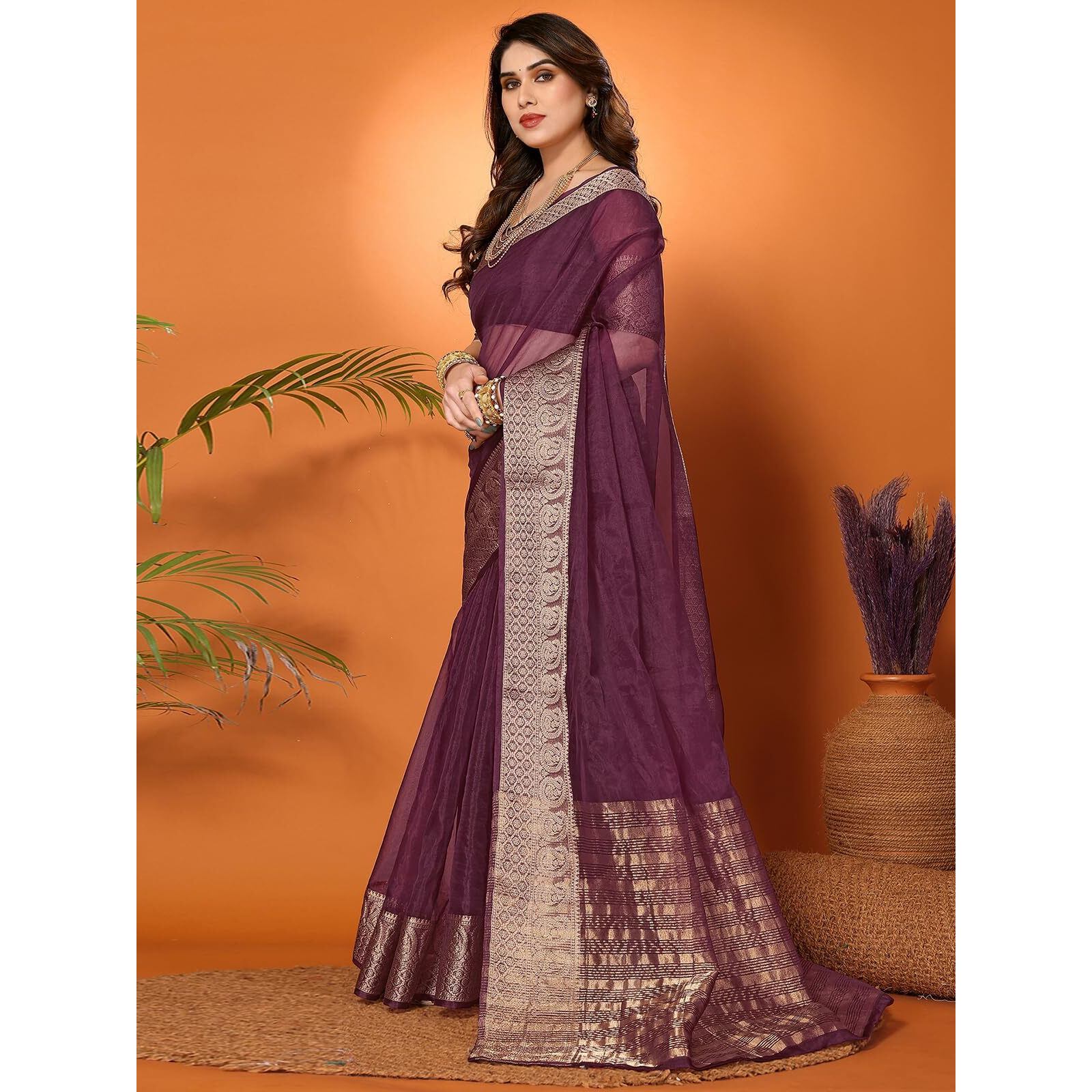 SIRIL Womens Jacquard Border Organza Saree with Unstitched Blouse Piece (3276S258A_Wine)