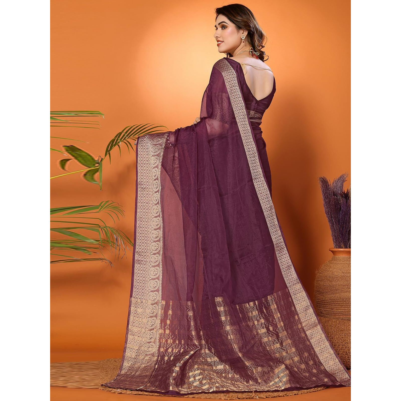 SIRIL Womens Jacquard Border Organza Saree with Unstitched Blouse Piece (3276S258A_Wine)