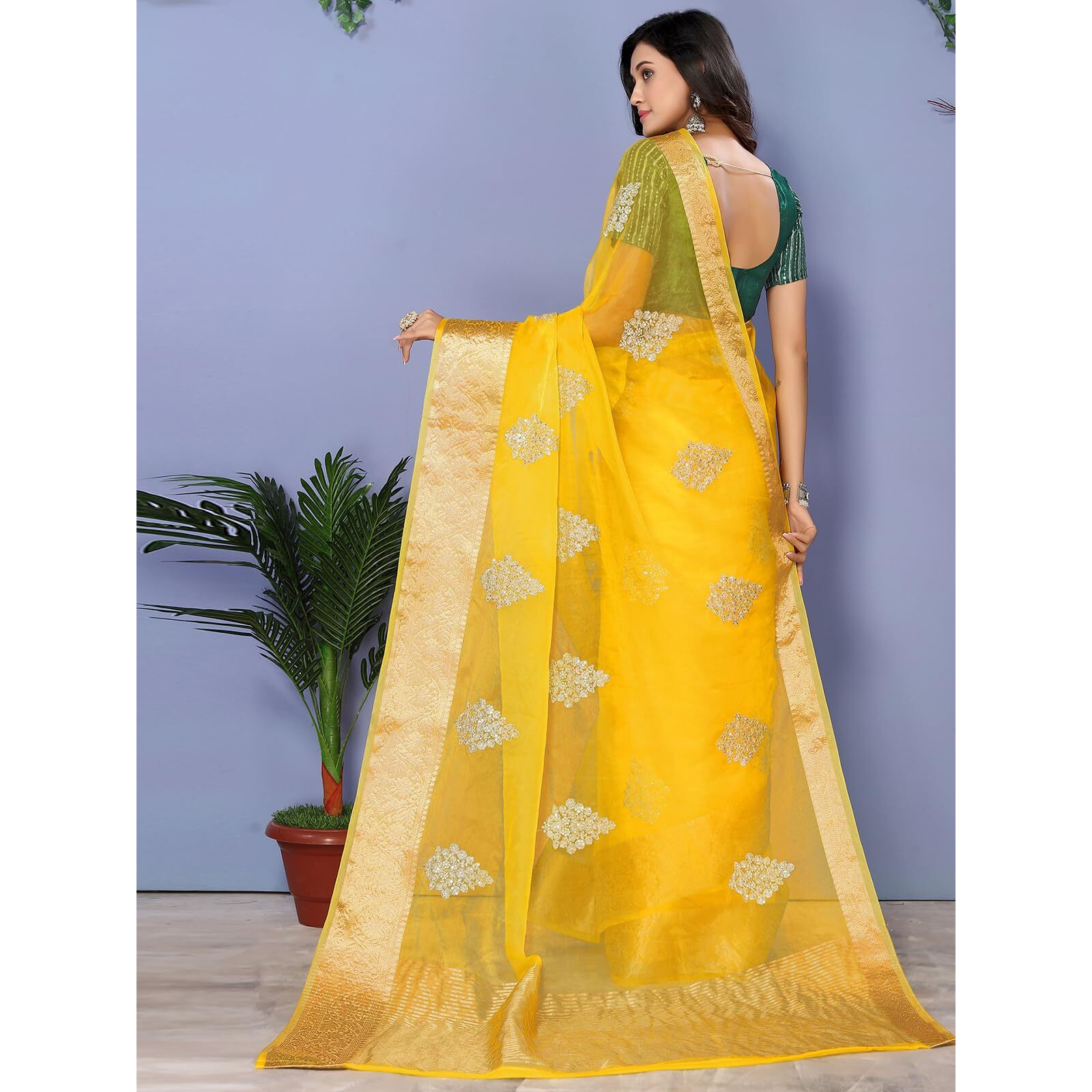 SIRIL Womens Jacquard Border, Dyed, Embroidery Organza Saree with Unstitched Blouse(2844S148_Yellow, Golden)