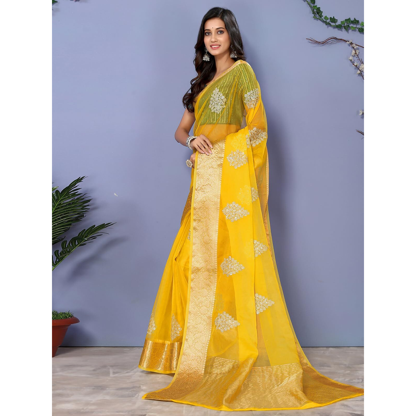 SIRIL Womens Jacquard Border, Dyed, Embroidery Organza Saree with Unstitched Blouse(2844S148_Yellow, Golden)
