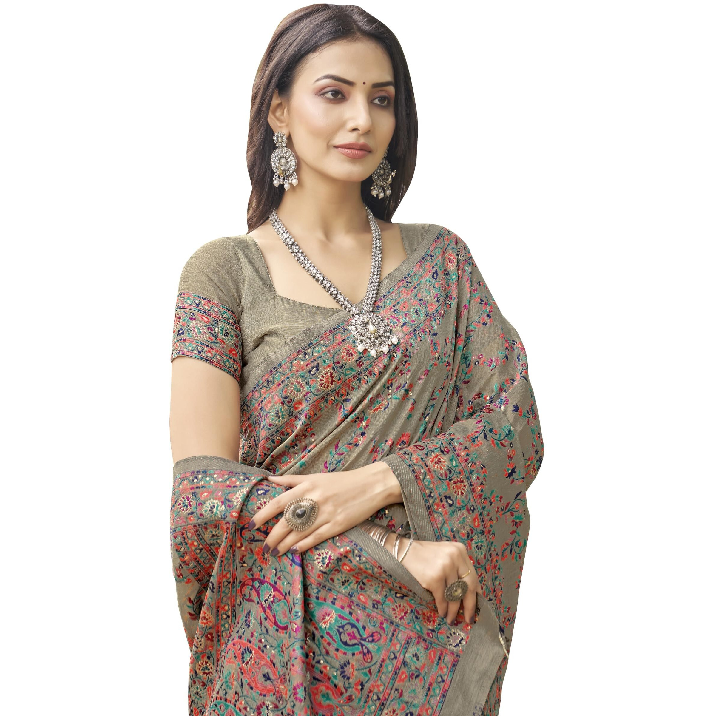 Glory Sarees Womens Kashmiri Pashmina Silk Woven Saree With Blouse Piece (Heritage_Silk108_Grey)