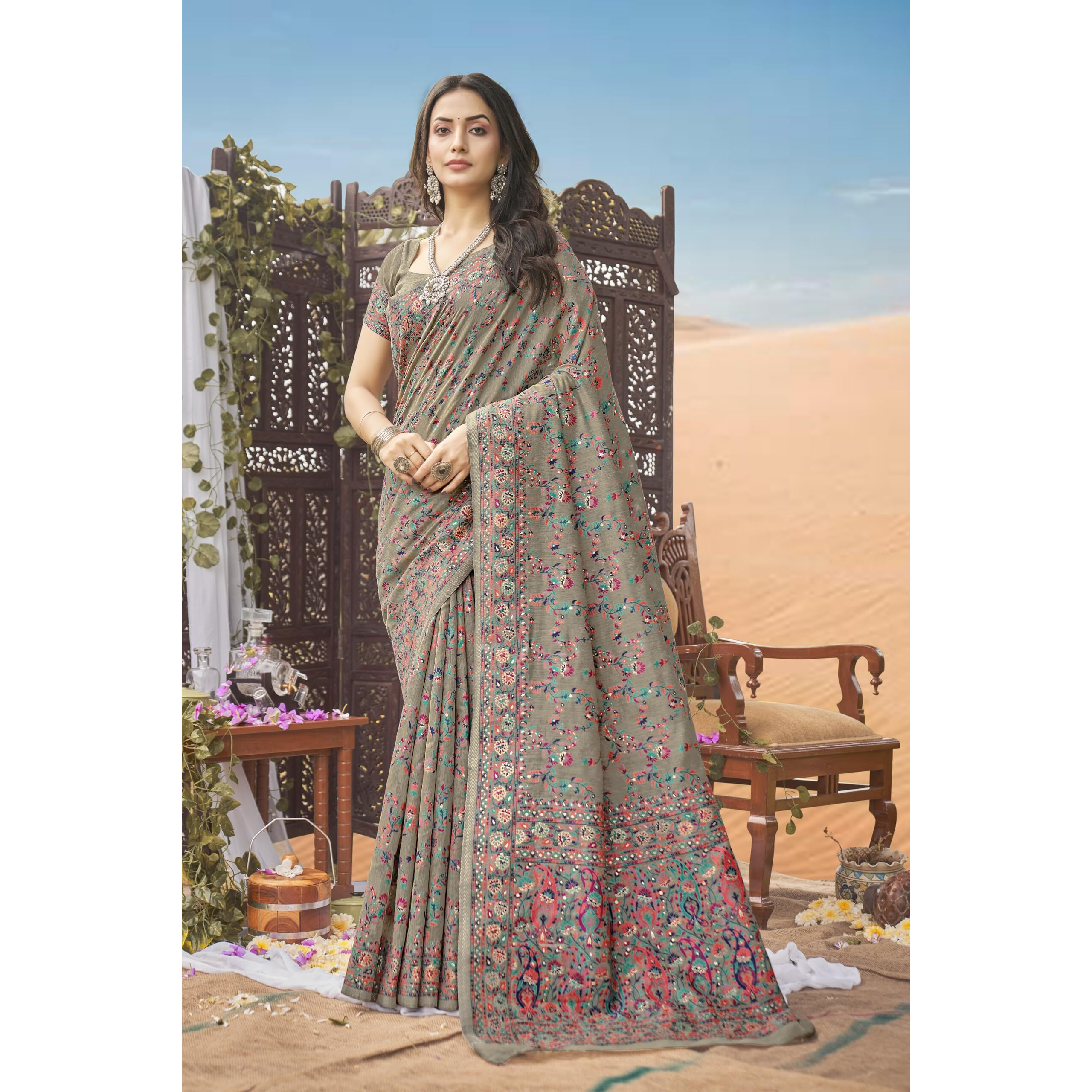 Glory Sarees Womens Kashmiri Pashmina Silk Woven Saree With Blouse Piece (Heritage_Silk108_Grey)