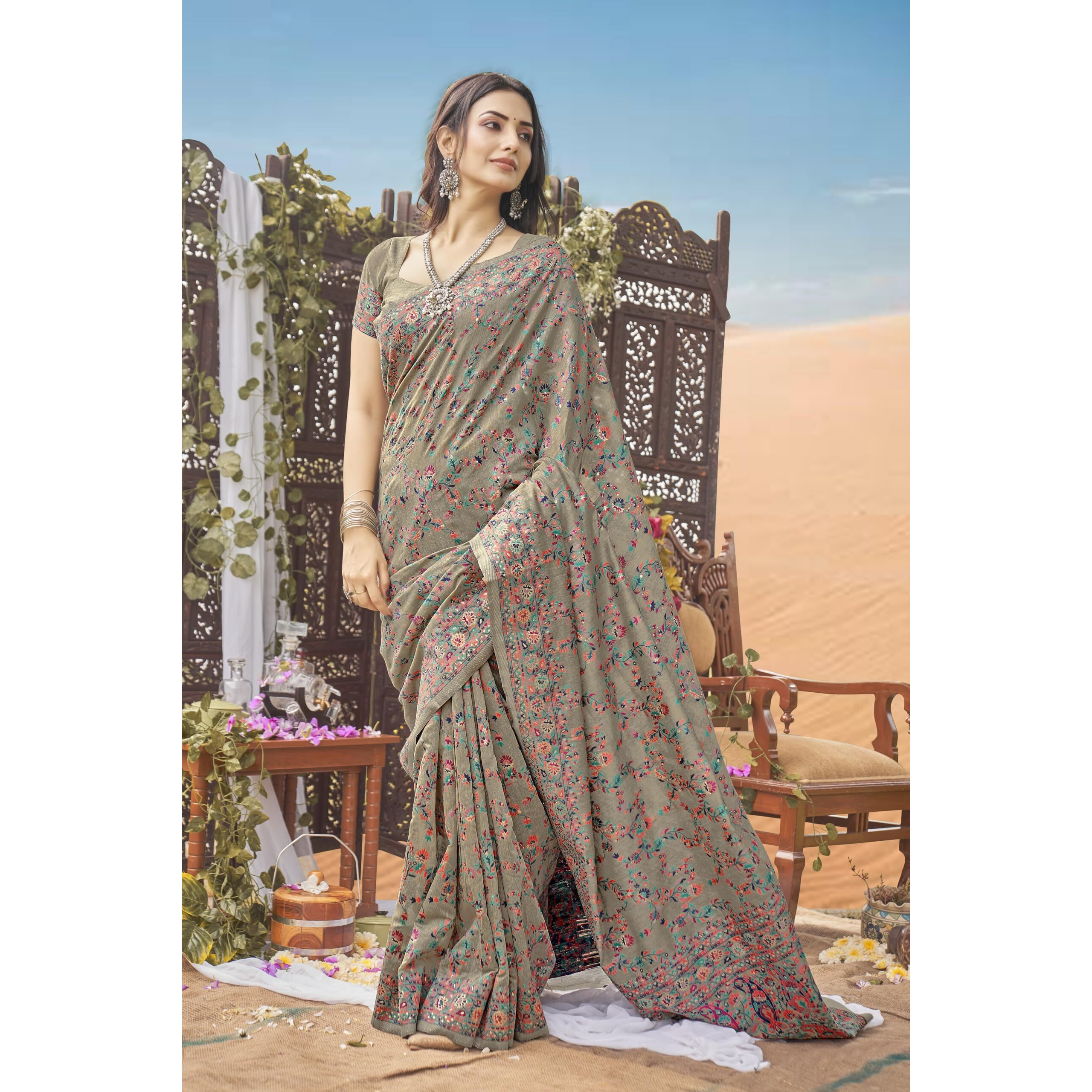 Glory Sarees Womens Kashmiri Pashmina Silk Woven Saree With Blouse Piece (Heritage_Silk108_Grey)