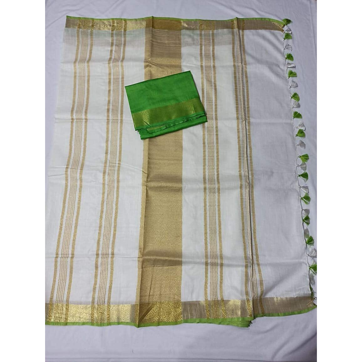 HAIDER ALI AND SONS Linen Slub White Colour Ethnic Wear Saree For Womens (With Blouse) (GOLDEN PARROT)