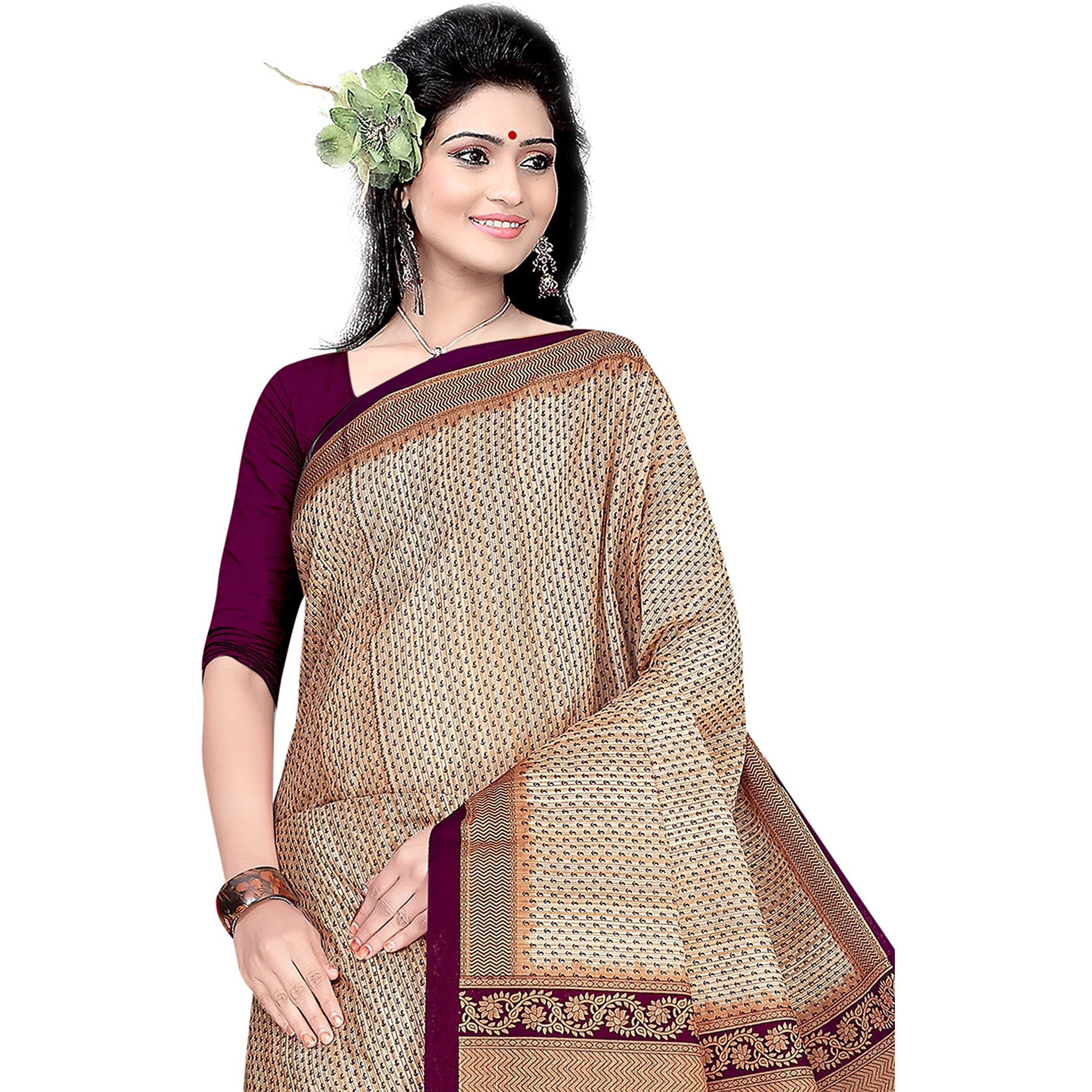 TAMAIRA FASHION Womens Plain Weave Pure Cotton Saree Without Blouse Piece (1784_BeigeandMagenta)