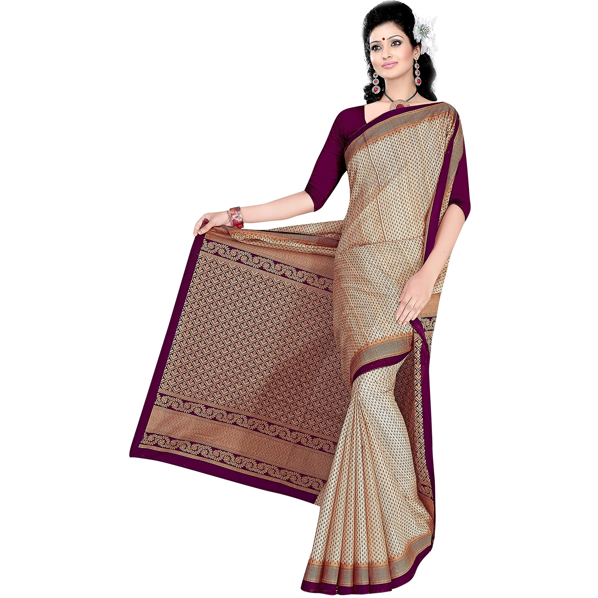 TAMAIRA FASHION Womens Plain Weave Pure Cotton Saree Without Blouse Piece (1784_BeigeandMagenta)
