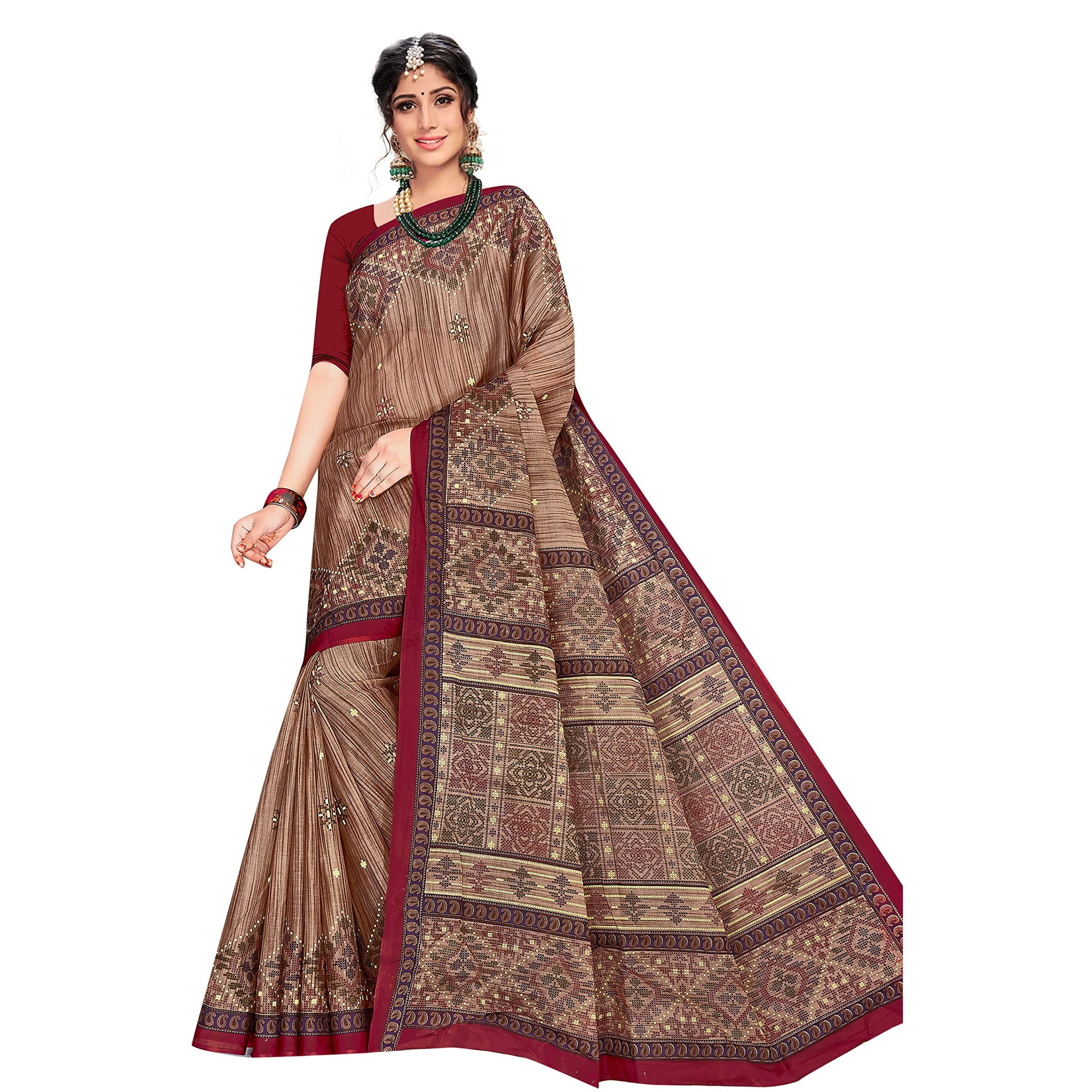 TAMAIRA FASHION Womens Plain Weave Pure Cotton Saree Without Blouse Piece(1456_BrownandMaroon)