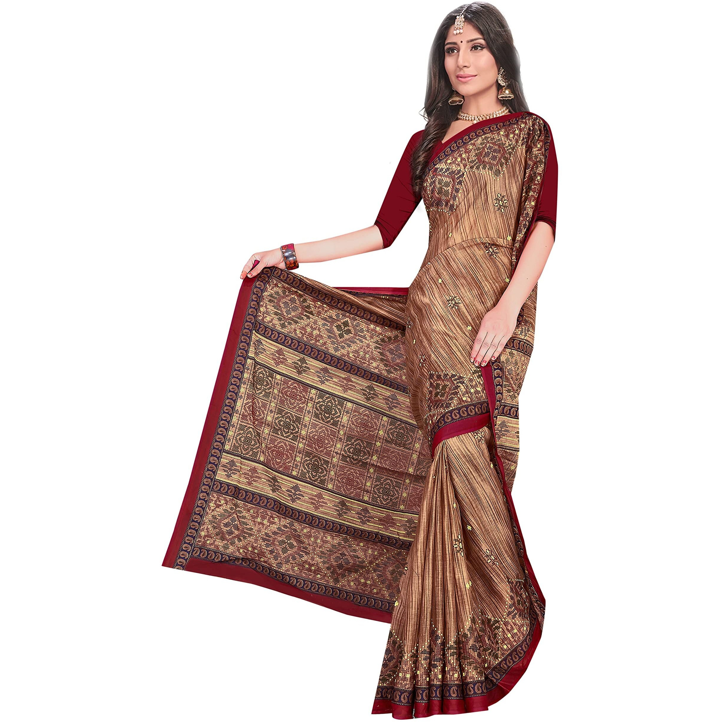 TAMAIRA FASHION Womens Plain Weave Pure Cotton Saree Without Blouse Piece(1456_BrownandMaroon)