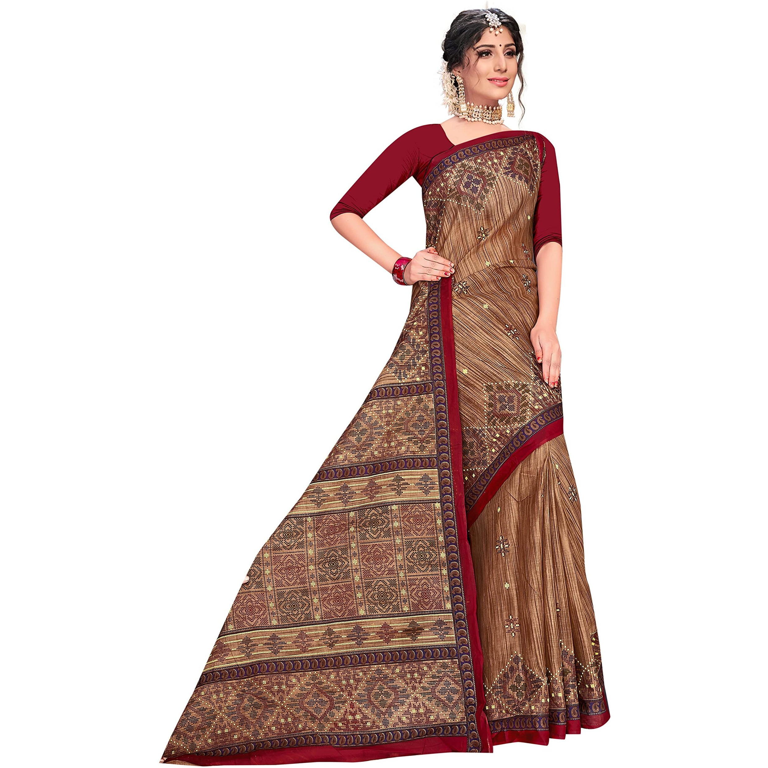 TAMAIRA FASHION Womens Plain Weave Pure Cotton Saree Without Blouse Piece(1456_BrownandMaroon)