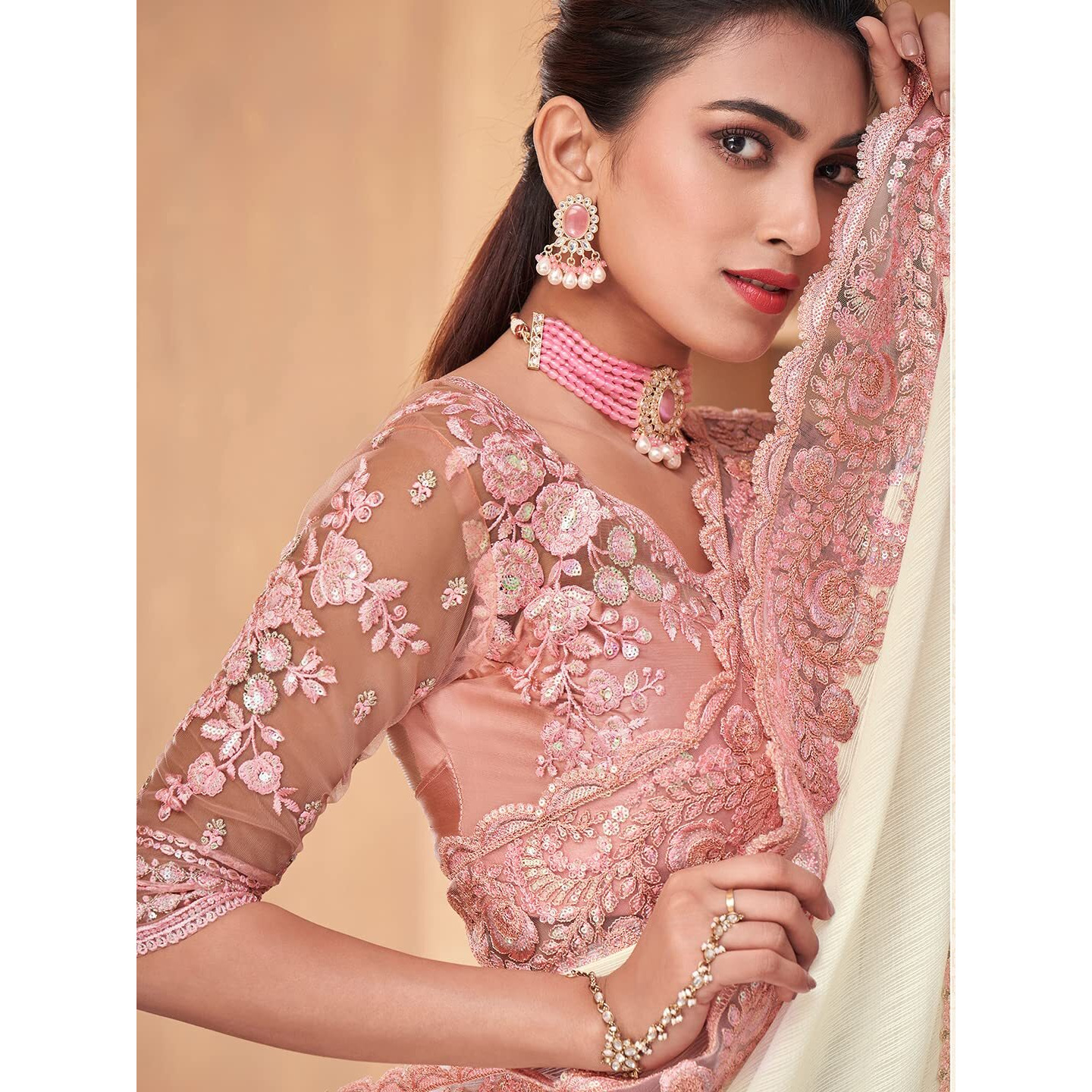 AKHILAM Womens Embroidery Lace & Sequence Embroidery Chiffon Saree With Unstitched Blouse Piece (Off White_SNDLWOD1105_TFH)