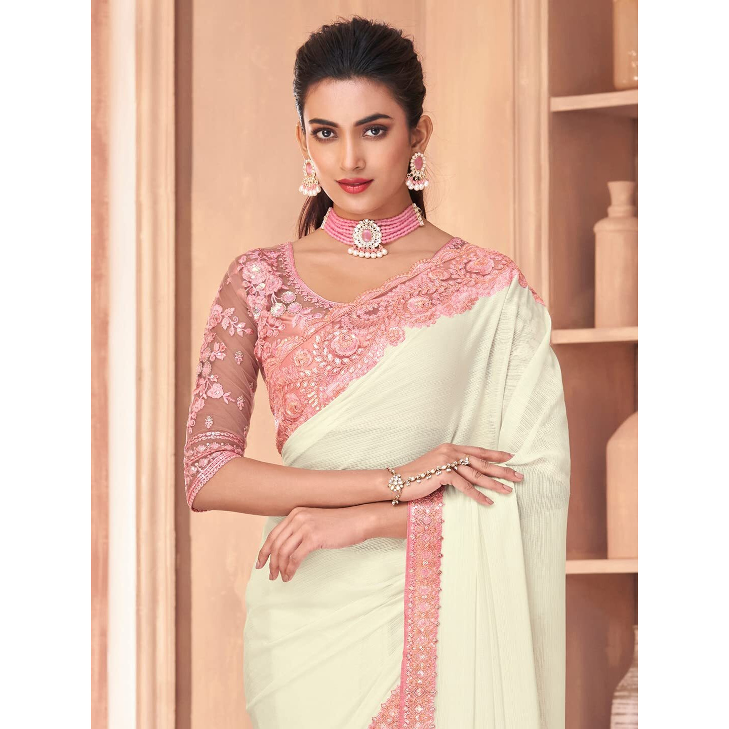 AKHILAM Womens Embroidery Lace & Sequence Embroidery Chiffon Saree With Unstitched Blouse Piece (Off White_SNDLWOD1105_TFH)