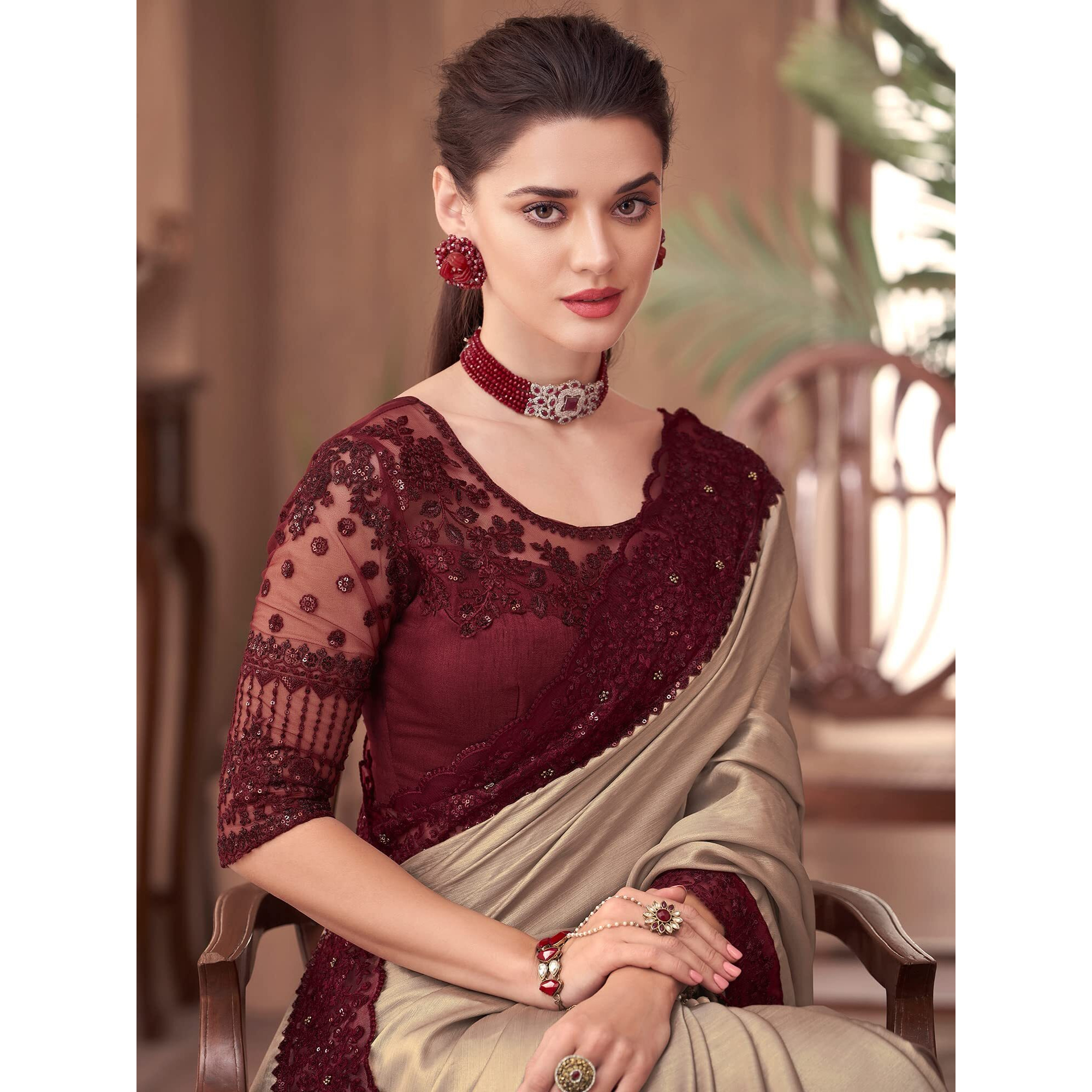 AKHILAM Womens Embroidery Lace & Sequence Embroidery Georgette Saree With Unstitched Blouse Piece (Beige_SNDLWOD1110_TFH)