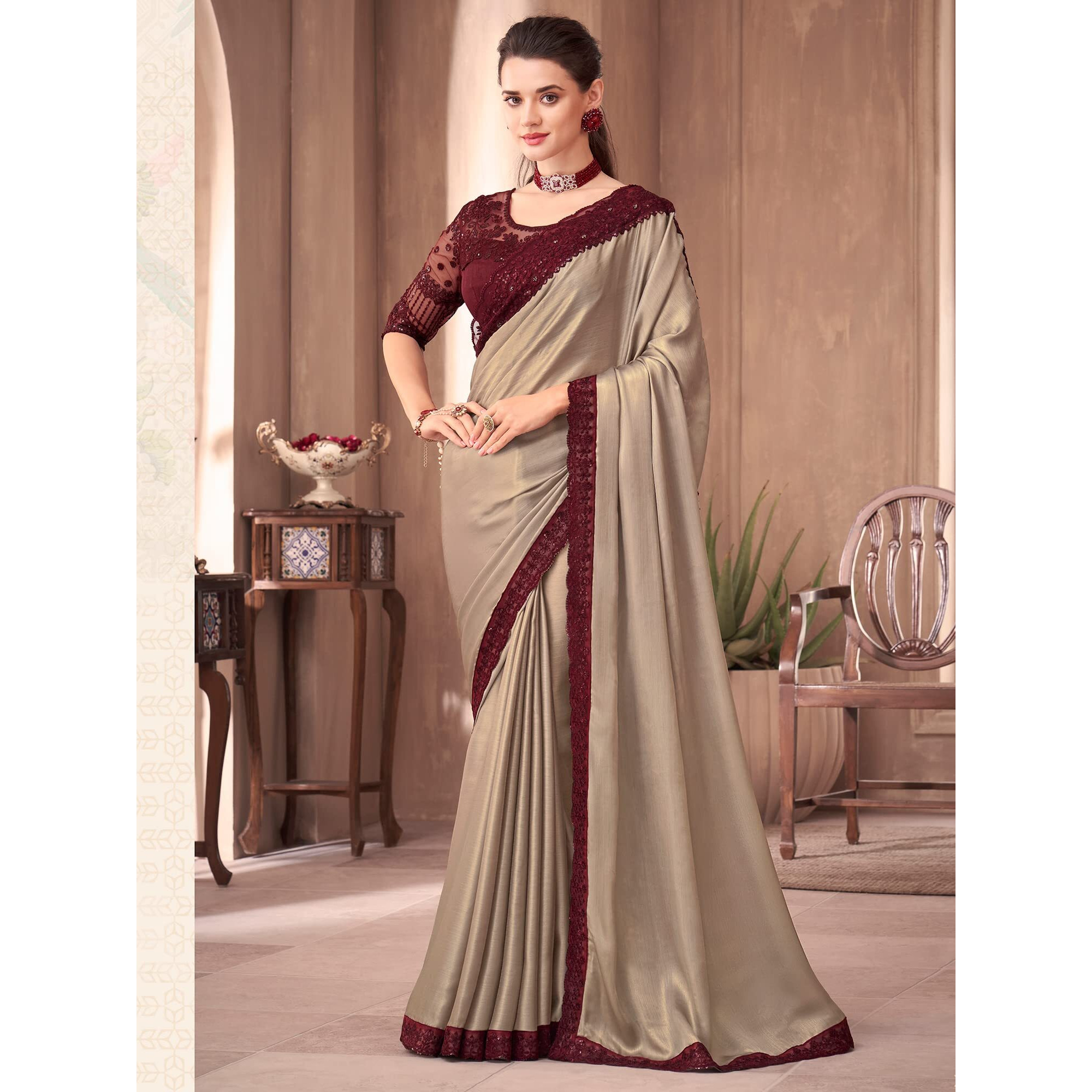 AKHILAM Womens Embroidery Lace & Sequence Embroidery Georgette Saree With Unstitched Blouse Piece (Beige_SNDLWOD1110_TFH)
