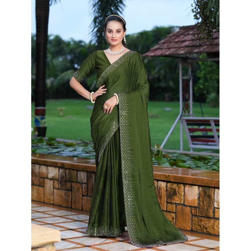 Satrani Womens Pure Georgette Saree (3186S132N_Olive Green)
