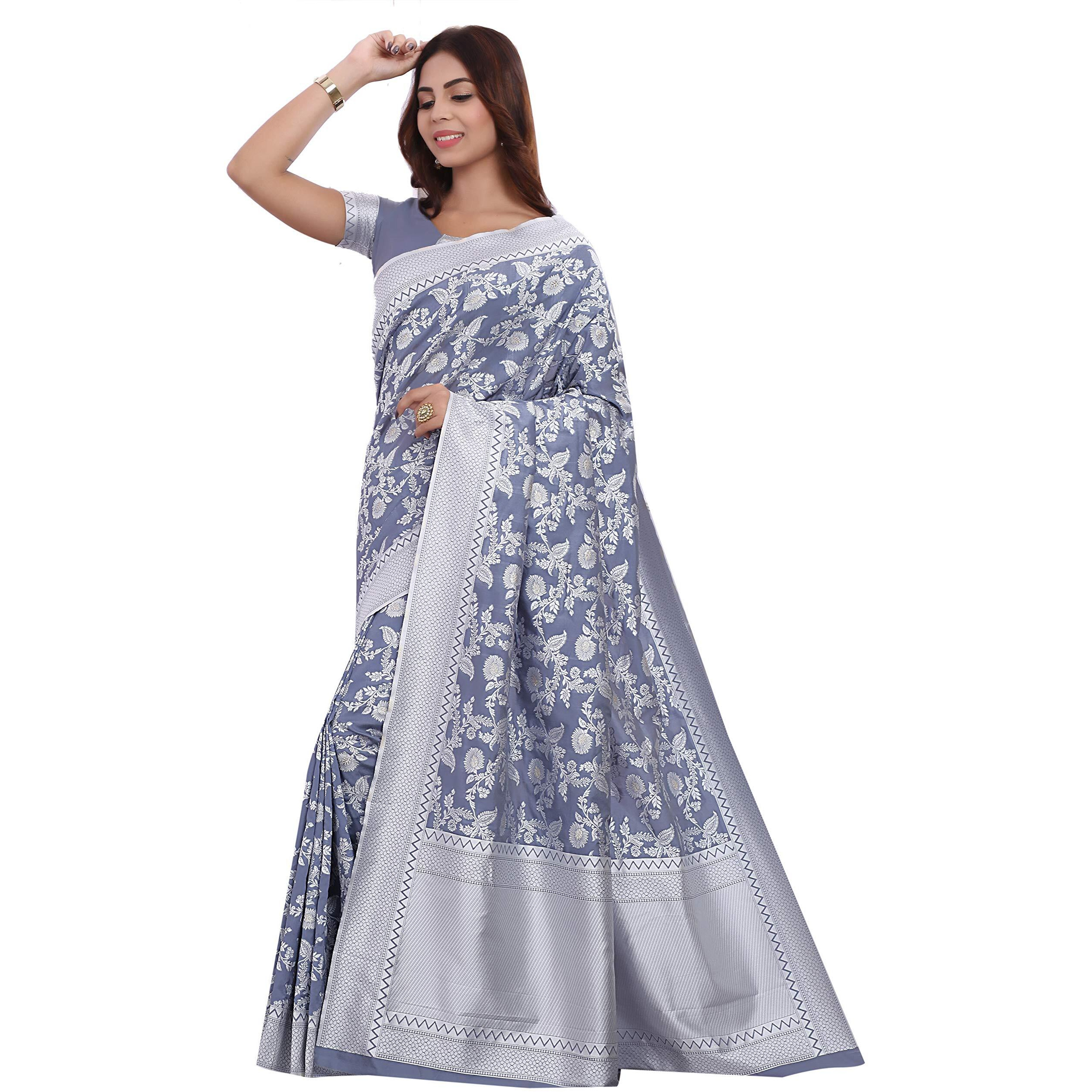 Glory Sarees Womens Banarasi Artificial Silk Saree With Blouse Piece (kara124-grey_Grey)