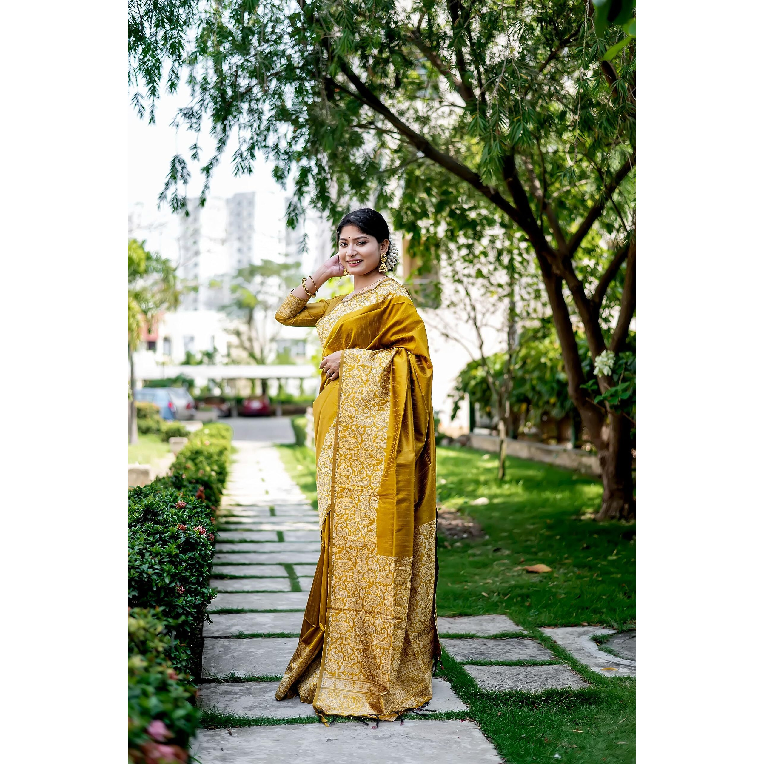 NK Textiles Womens Plain/Solid With Kalamkari Woven Border Raw Silk Saree With Tassels (13 Colors), Mustard
