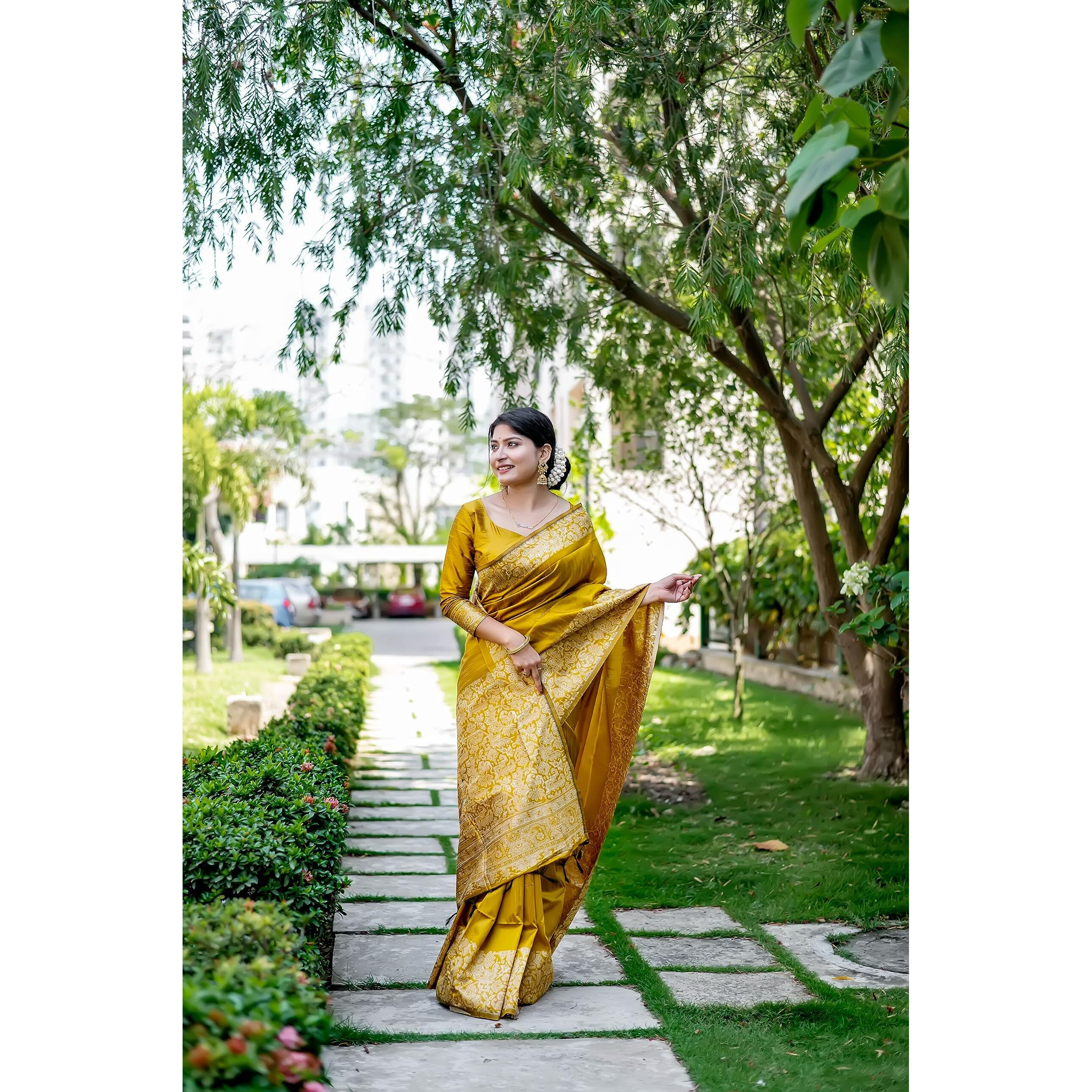 NK Textiles Womens Plain/Solid With Kalamkari Woven Border Raw Silk Saree With Tassels (13 Colors), Mustard