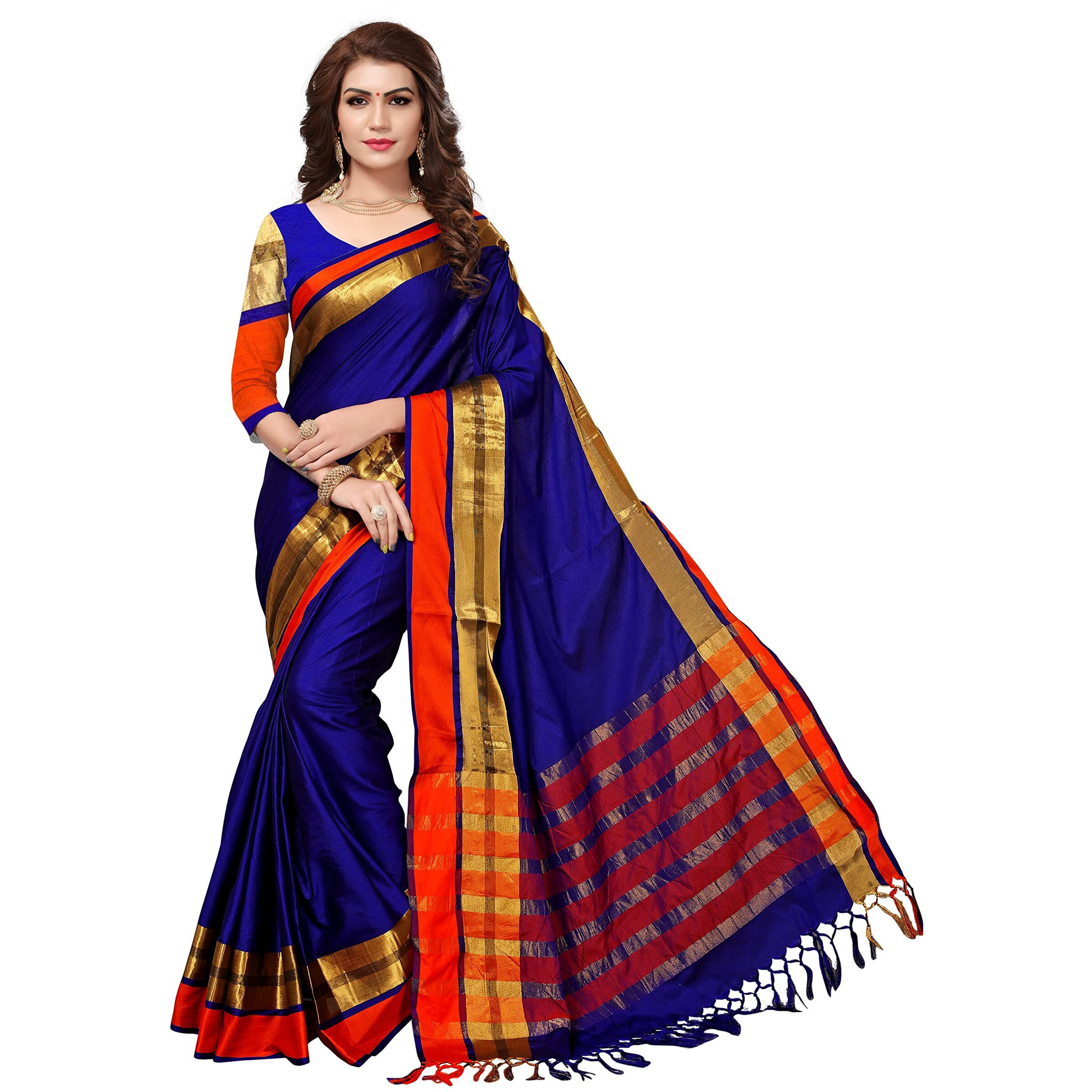 SAREE MALL Womens Cotton Silk Saree With Blouse Piece (8AURA8004_Blue)