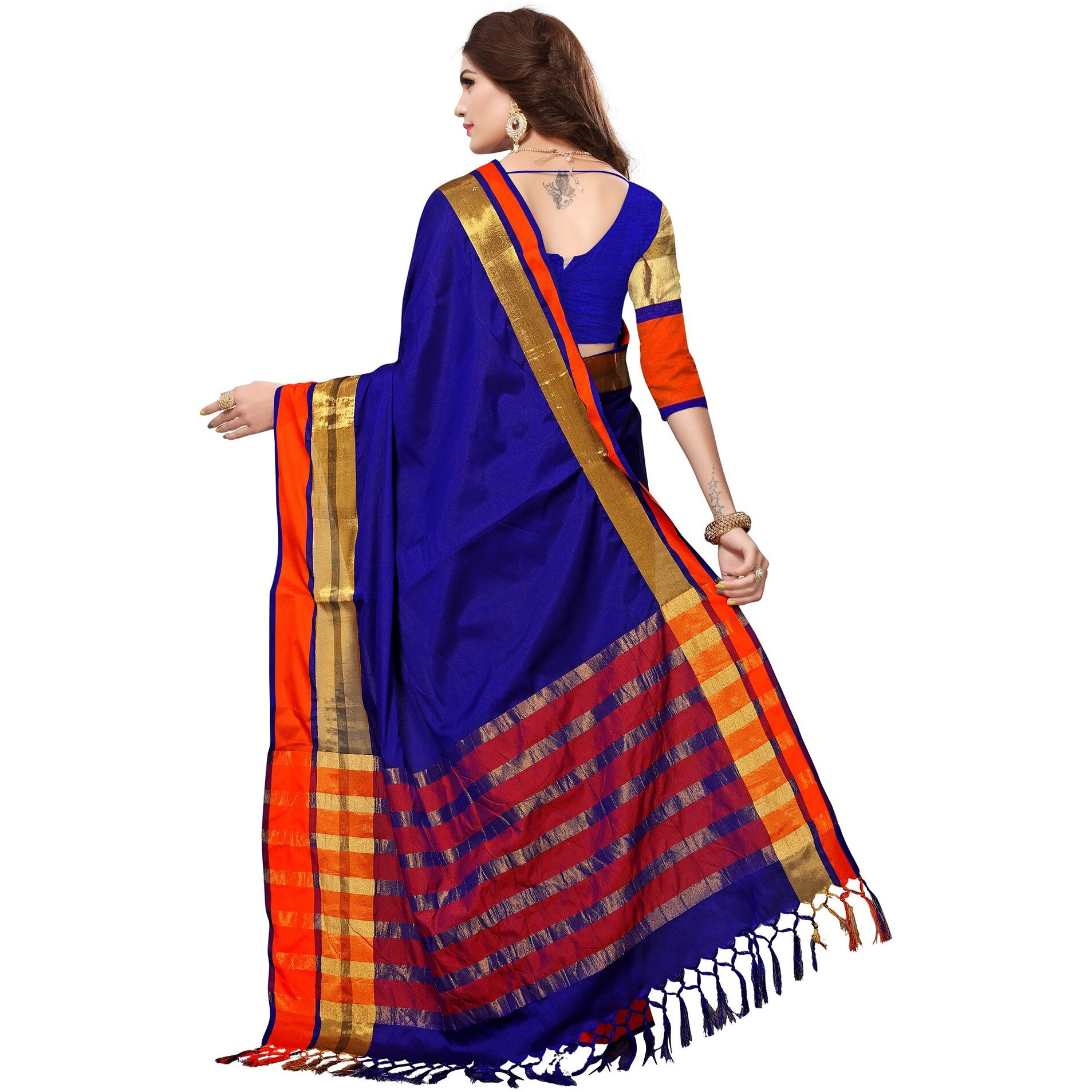 SAREE MALL Womens Cotton Silk Saree With Blouse Piece (8AURA8004_Blue)