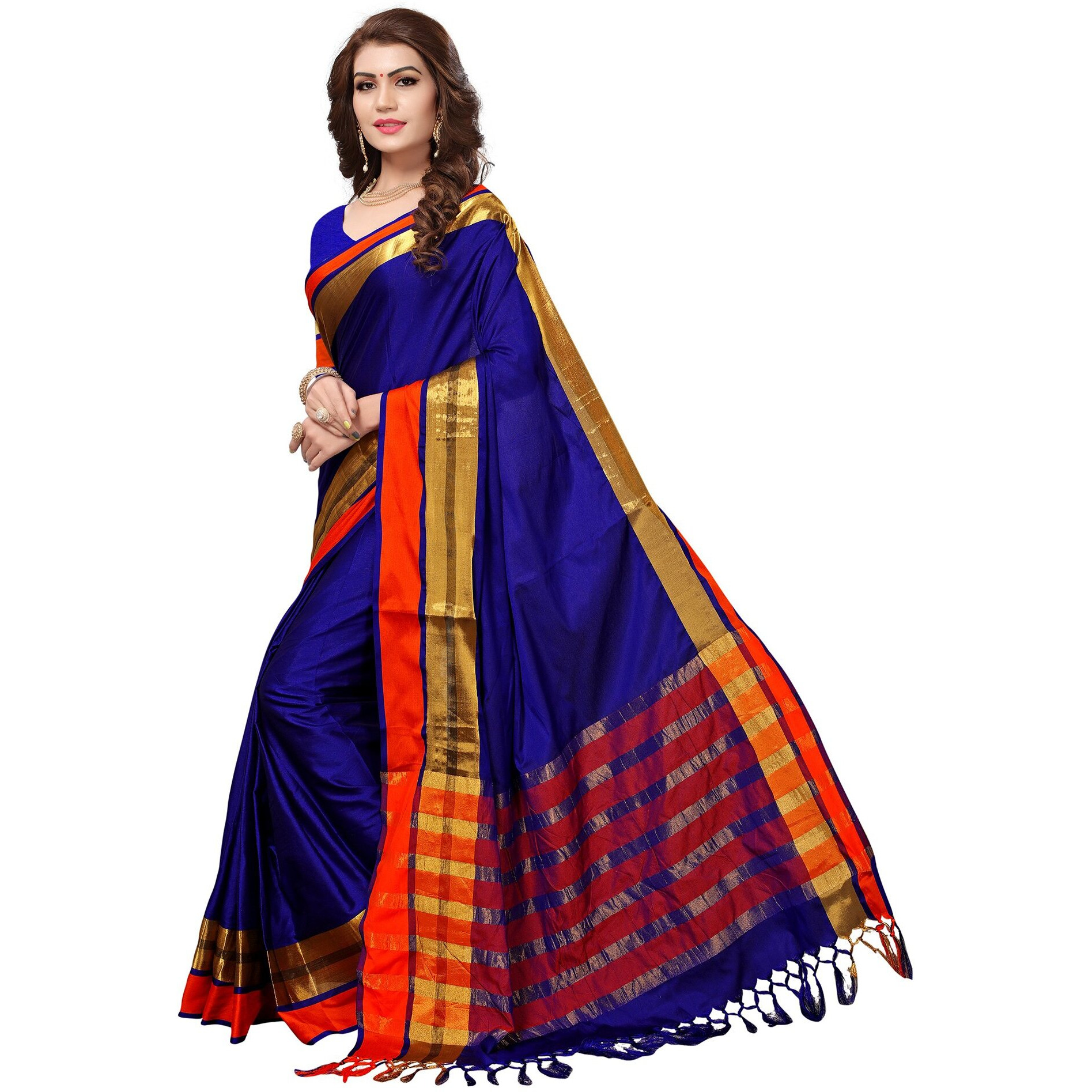 SAREE MALL Womens Cotton Silk Saree With Blouse Piece (8AURA8004_Blue)