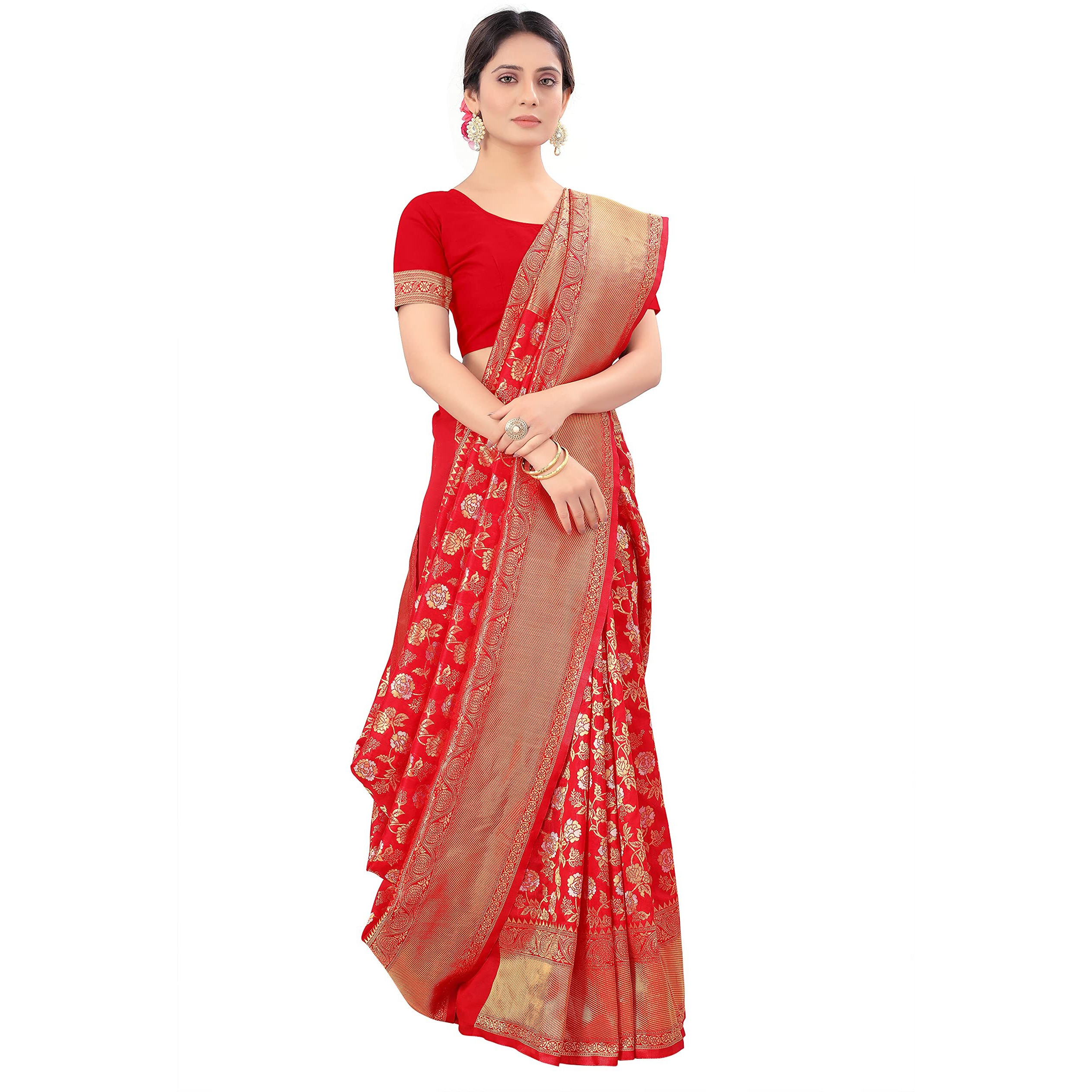 Pujia Mills women kanjivaram pure banarasi silk saree kanchipuram saree (Bright Red)