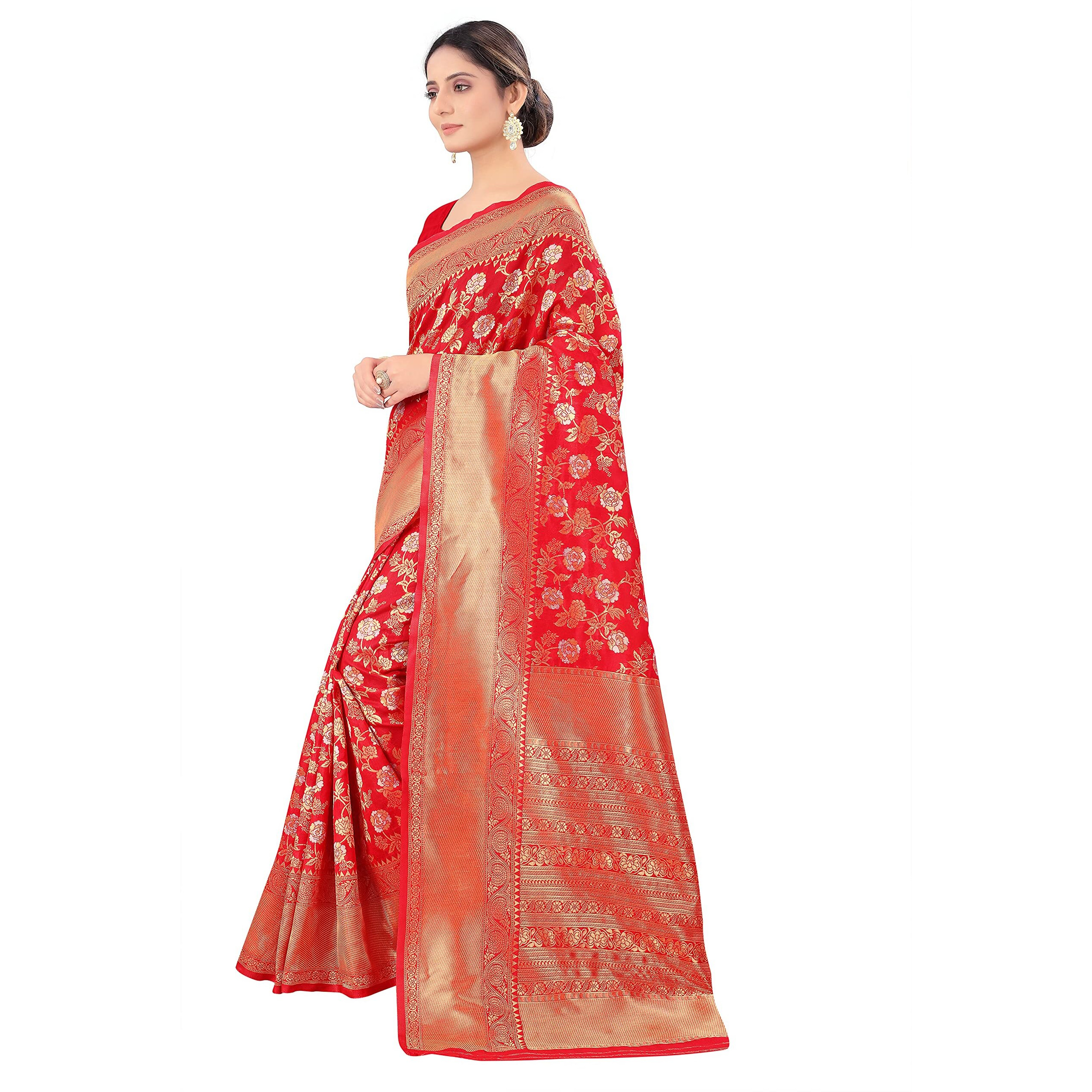 Pujia Mills women kanjivaram pure banarasi silk saree kanchipuram saree (Bright Red)