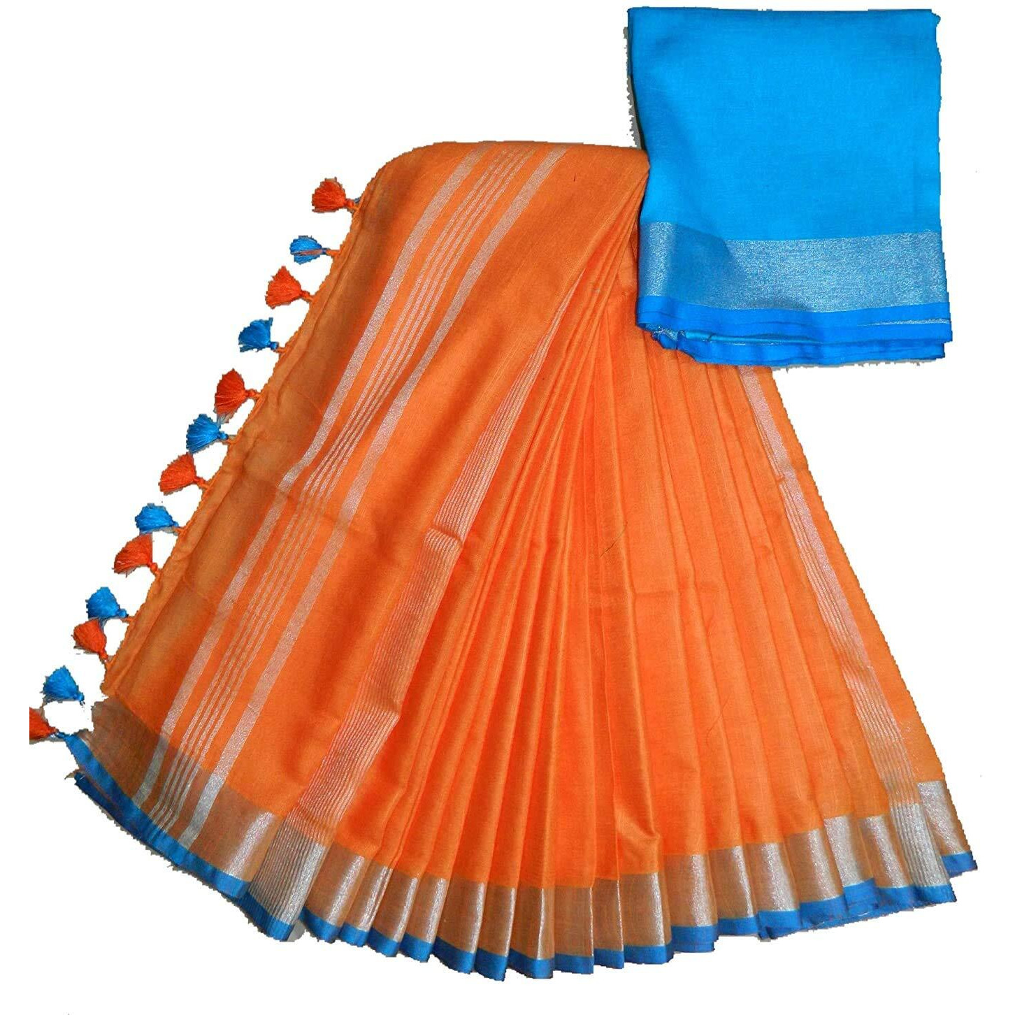 HAIDER ALI AND SONS Womens Linen Slub Saree with Blouse Piece (Orange)