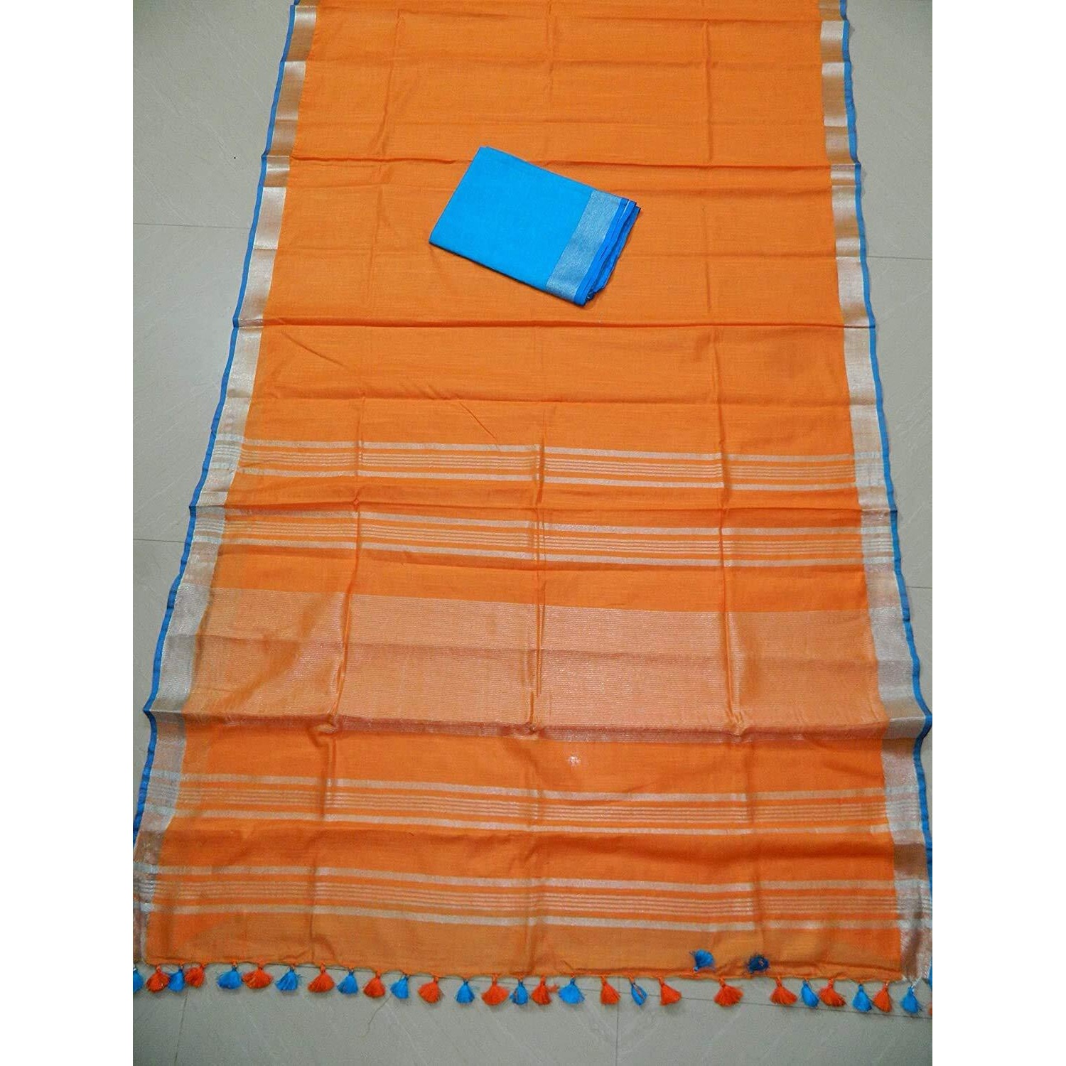 HAIDER ALI AND SONS Womens Linen Slub Saree with Blouse Piece (Orange)