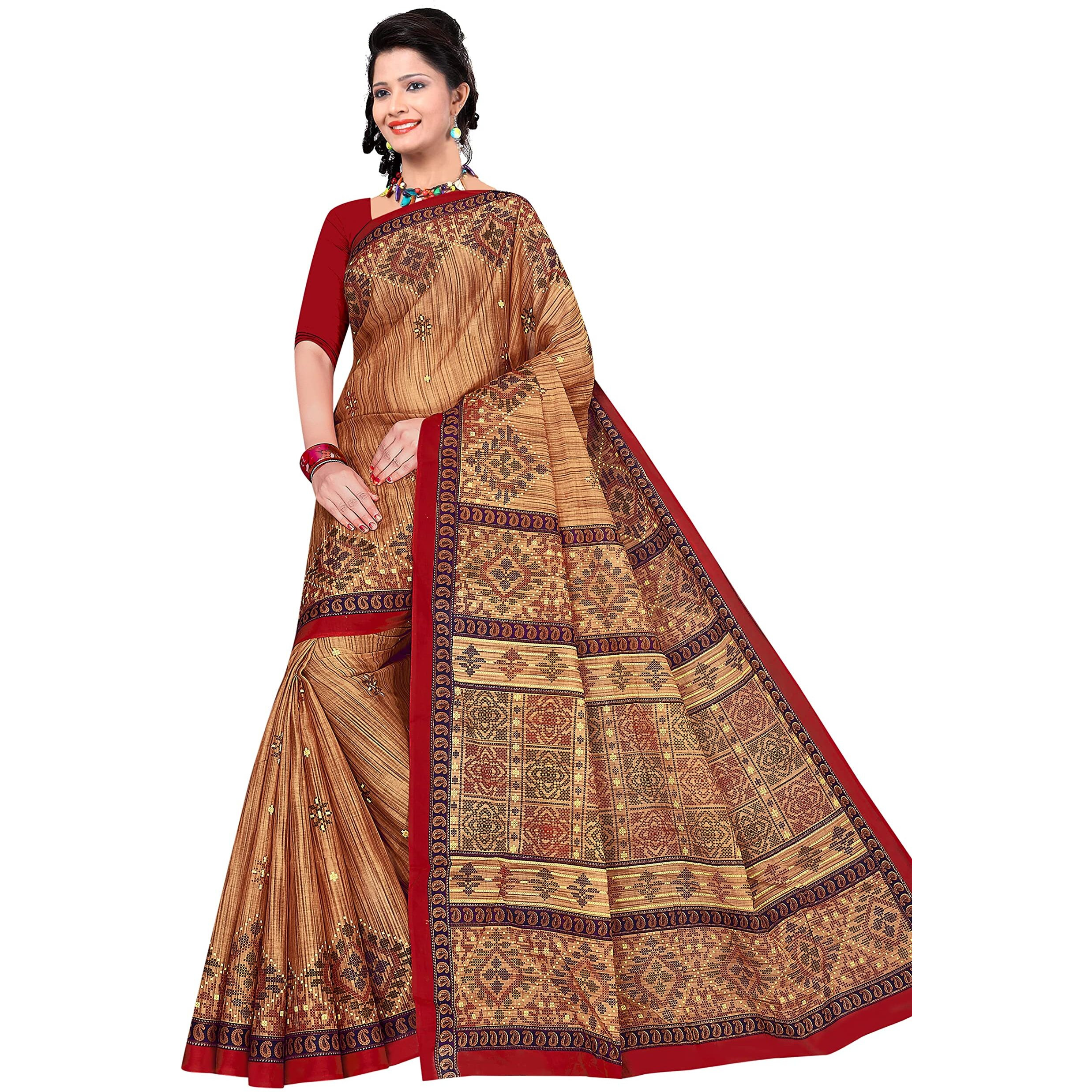 TAMAIRA FASHION Womens Plain Weave Pure Cotton Saree Without Blouse Piece (1456_BeigeandRed)