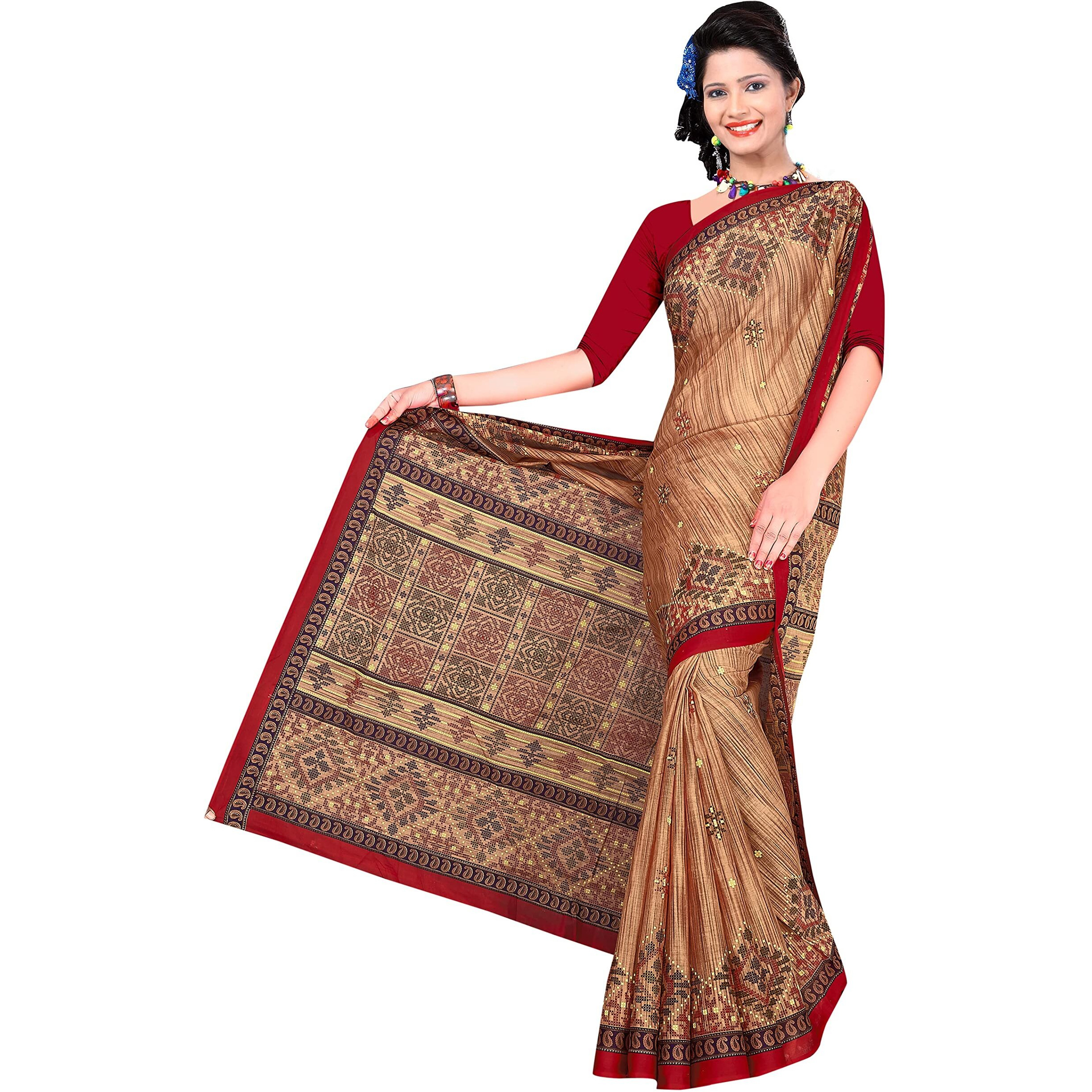 TAMAIRA FASHION Womens Plain Weave Pure Cotton Saree Without Blouse Piece (1456_BeigeandRed)