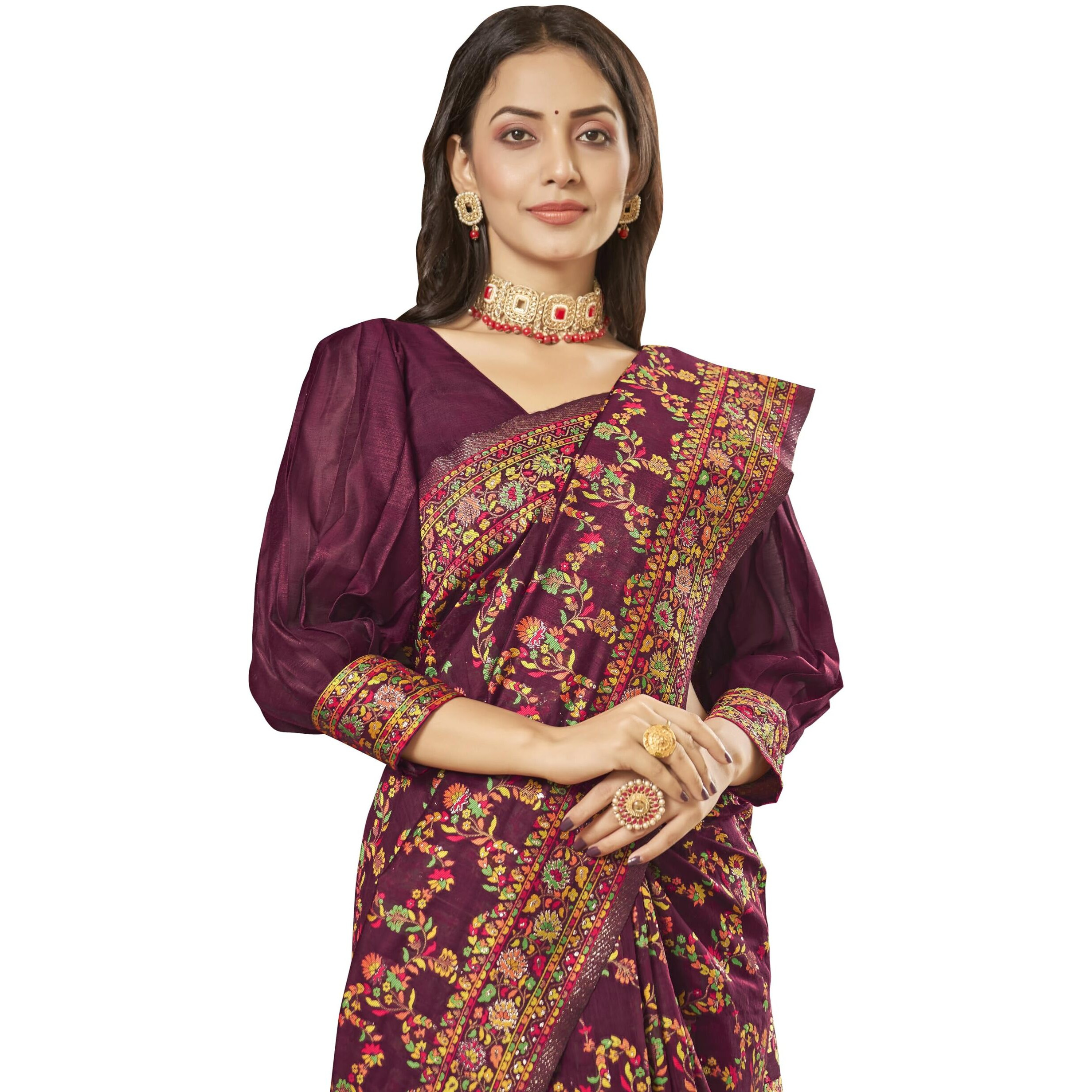 Glory Sarees Womens Kashmiri Pashmina Silk Woven Saree With Blouse Piece (Heritage_Silk108_Wine)