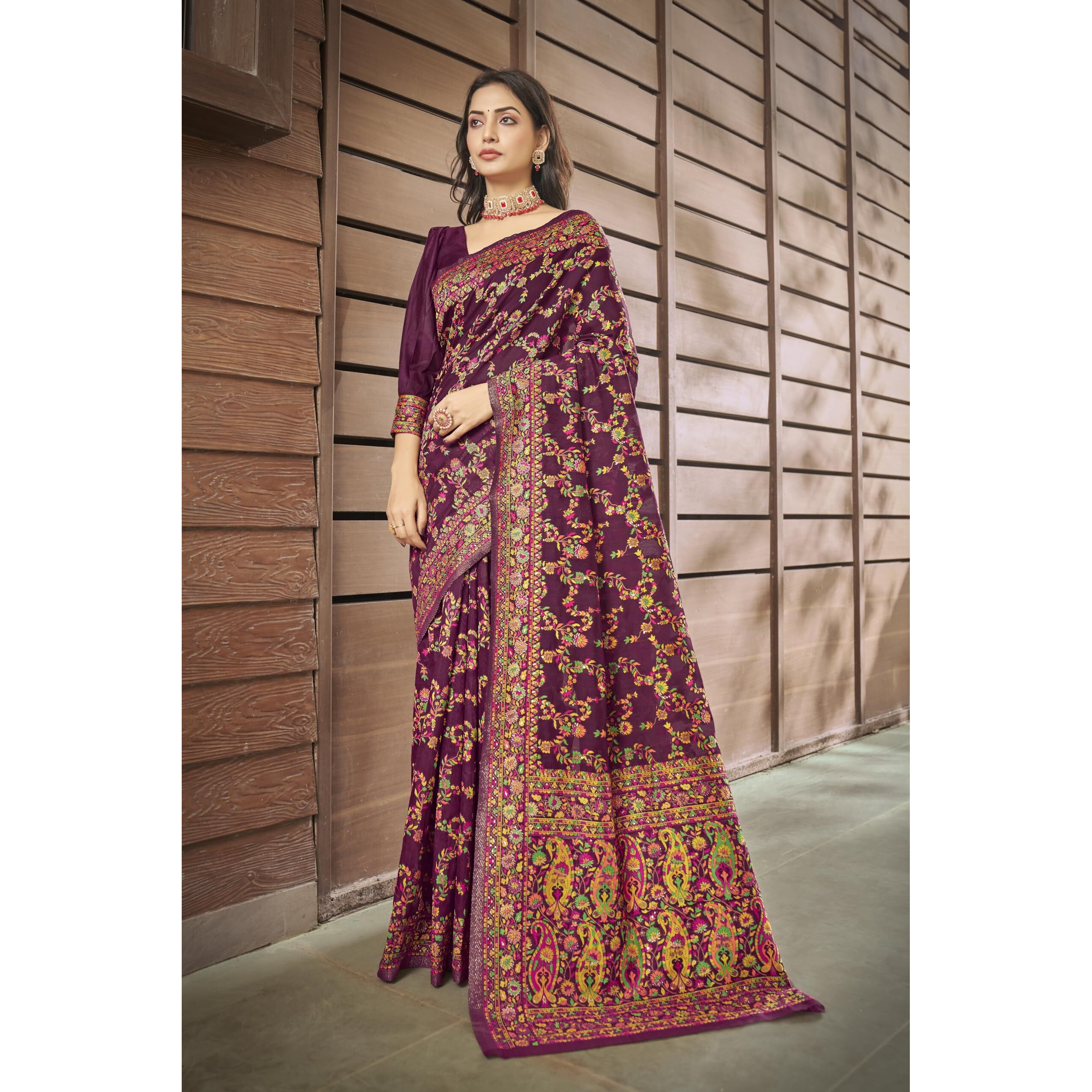 Glory Sarees Womens Kashmiri Pashmina Silk Woven Saree With Blouse Piece (Heritage_Silk108_Wine)