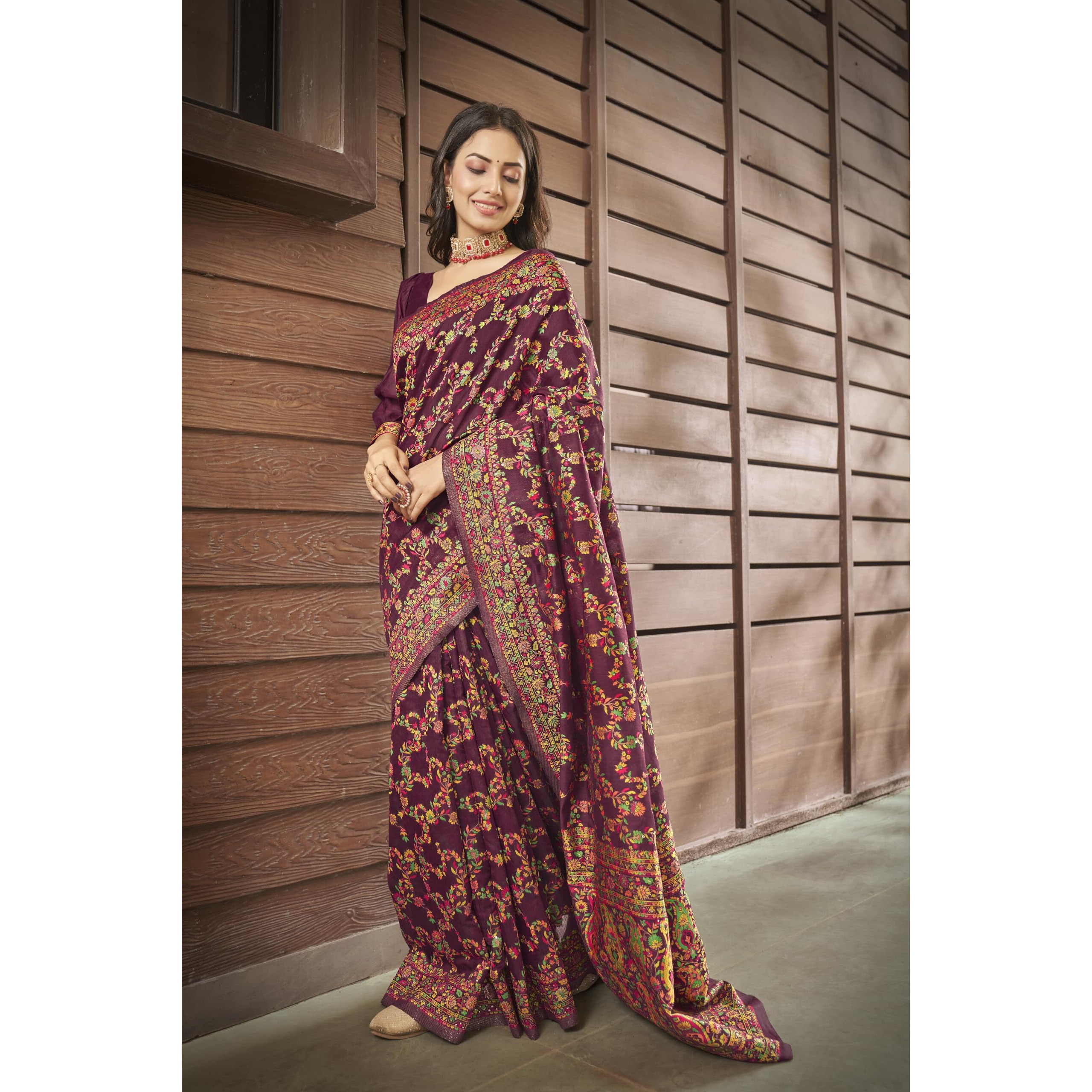 Glory Sarees Womens Kashmiri Pashmina Silk Woven Saree With Blouse Piece (Heritage_Silk108_Wine)