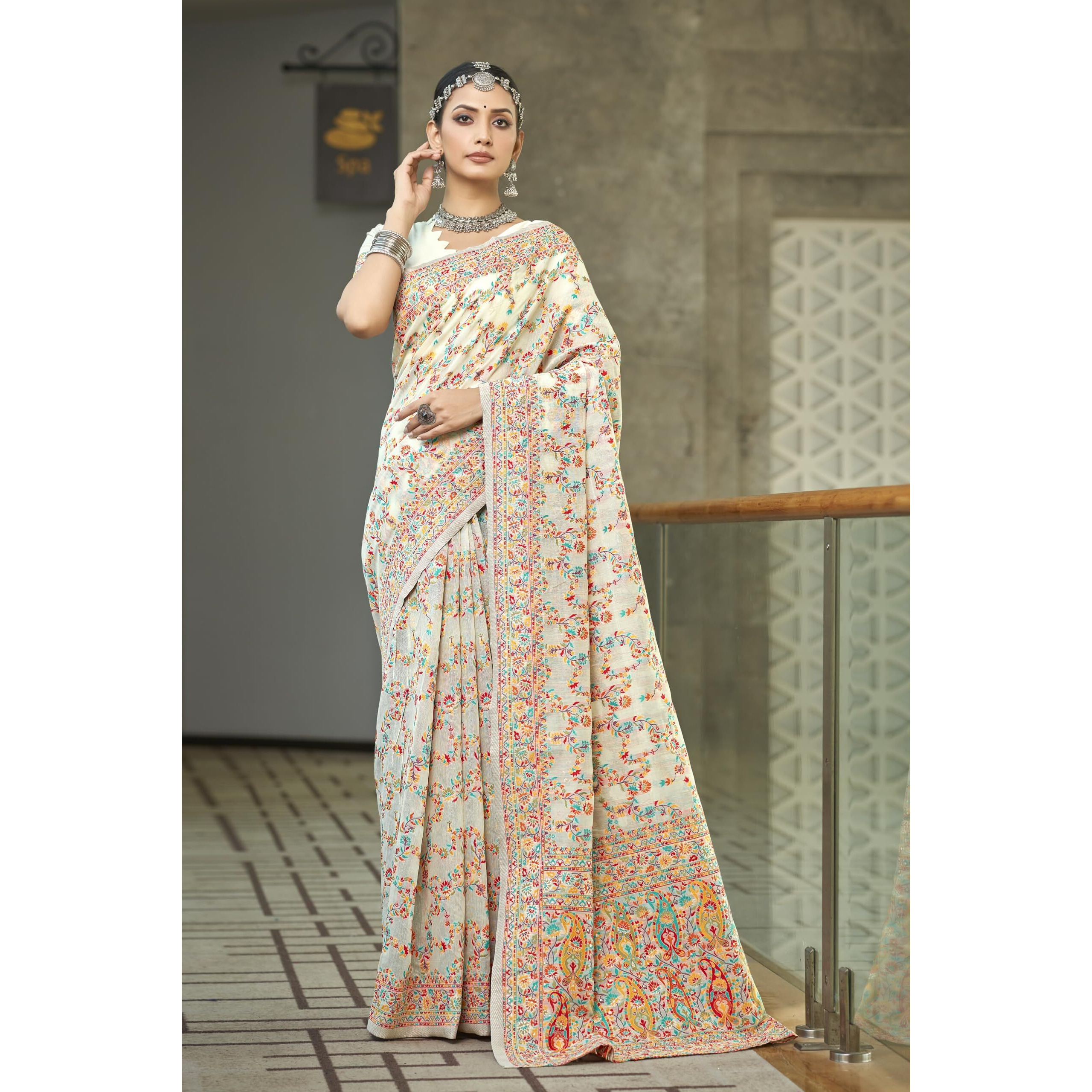 Glory Sarees Womens Kashmiri Pashmina Silk Woven Saree With Blouse Piece (Heritage_Silk108_White)