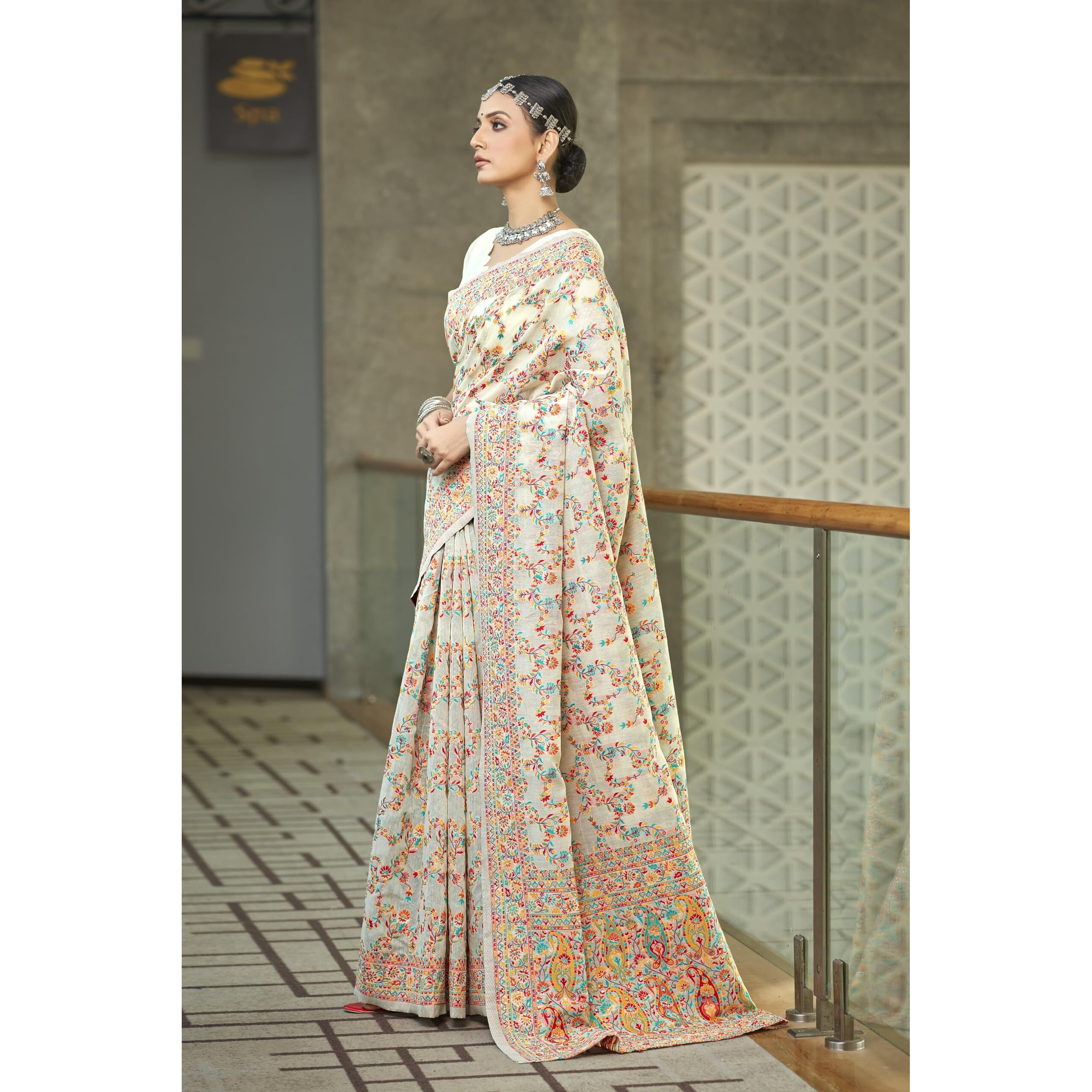 Glory Sarees Womens Kashmiri Pashmina Silk Woven Saree With Blouse Piece (Heritage_Silk108_White)