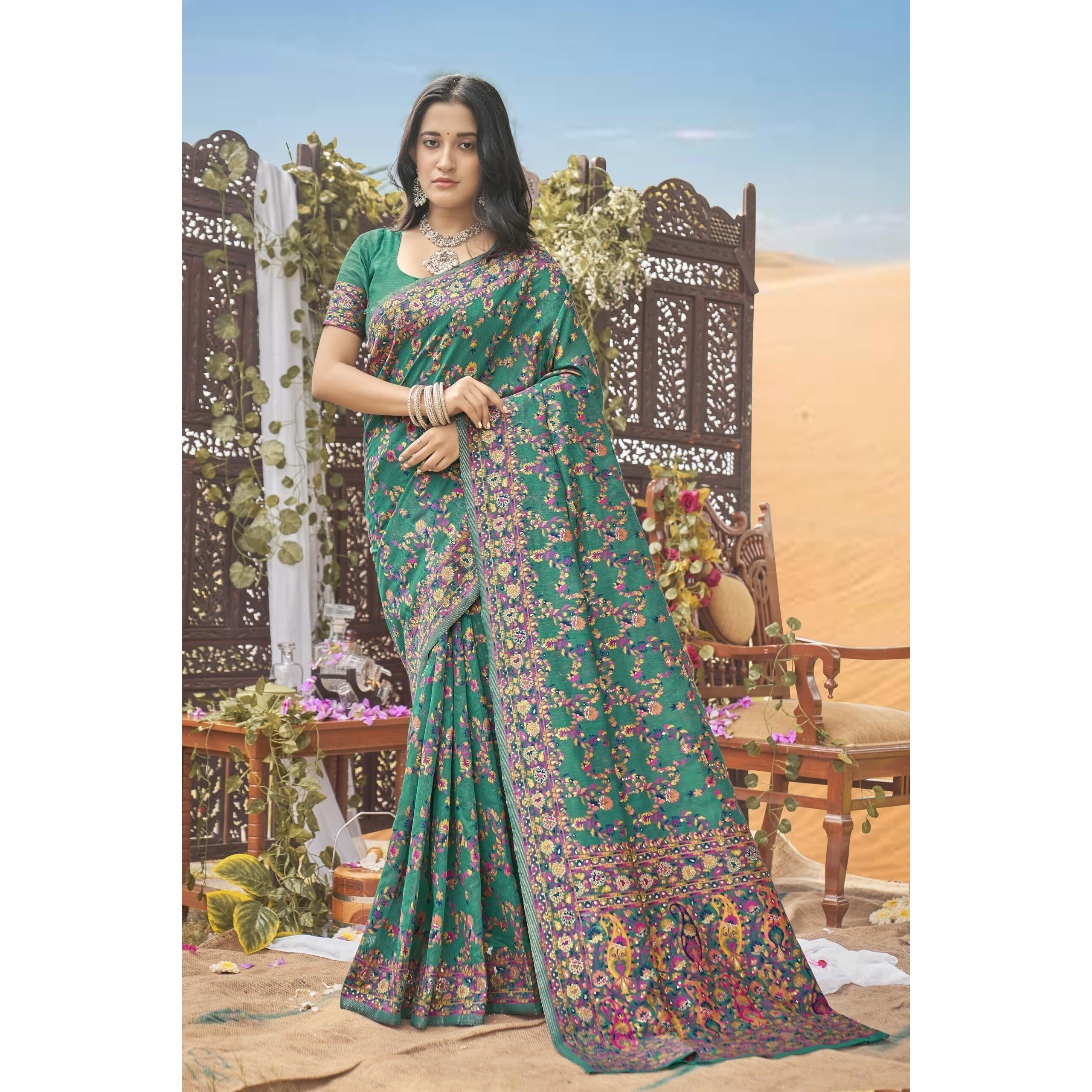 Glory Sarees Womens Kashmiri Pashmina Silk Woven Saree With Blouse Piece (Heritage_Silk108_Rama)