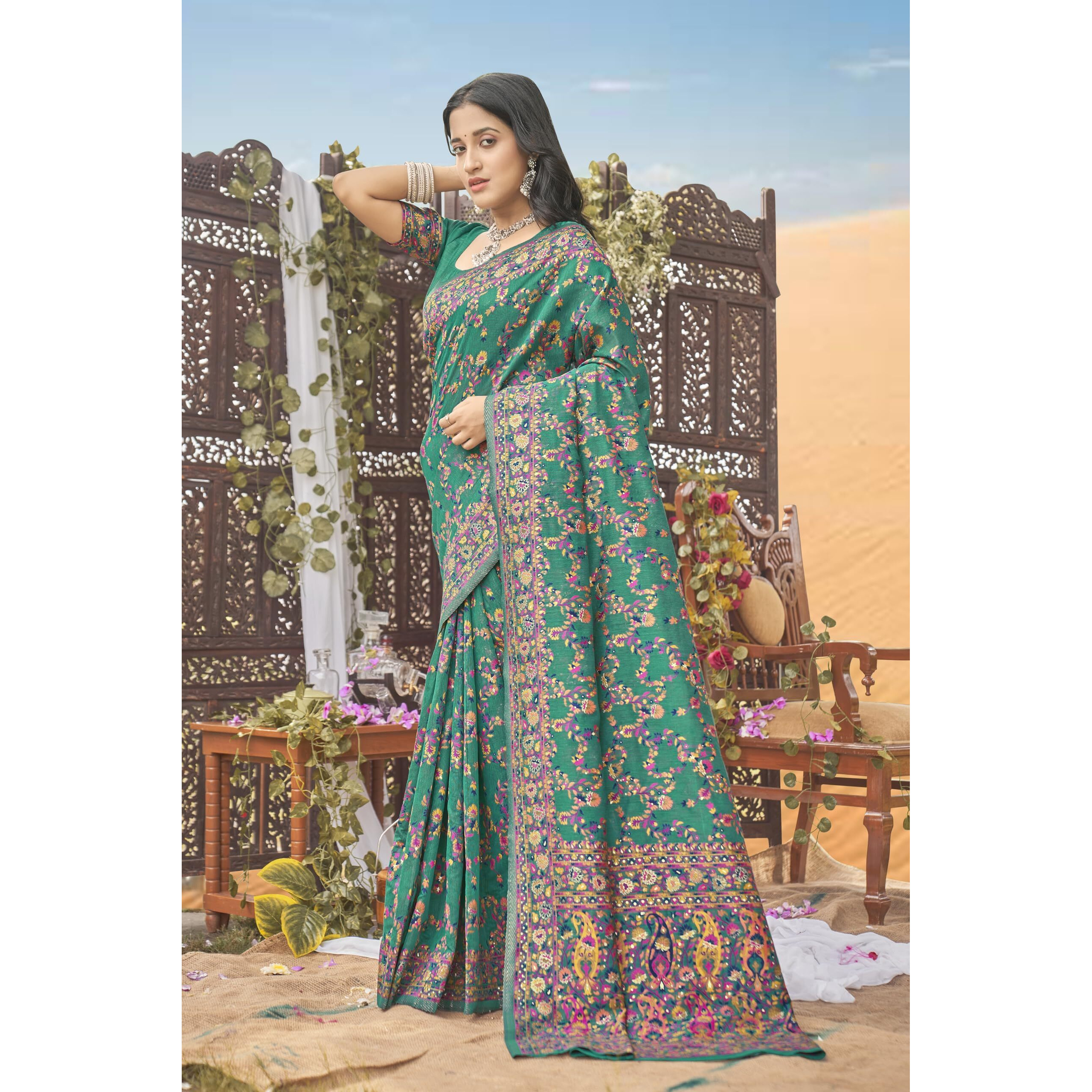 Glory Sarees Womens Kashmiri Pashmina Silk Woven Saree With Blouse Piece (Heritage_Silk108_Rama)