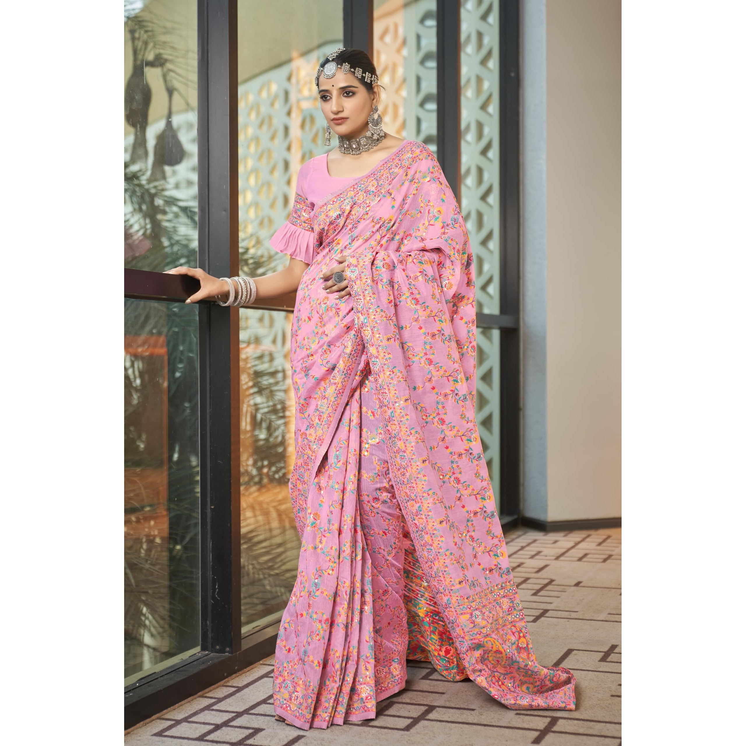 Glory Sarees Womens Kashmiri Pashmina Silk Woven Saree With Blouse Piece (Heritage_Silk108_Pink)