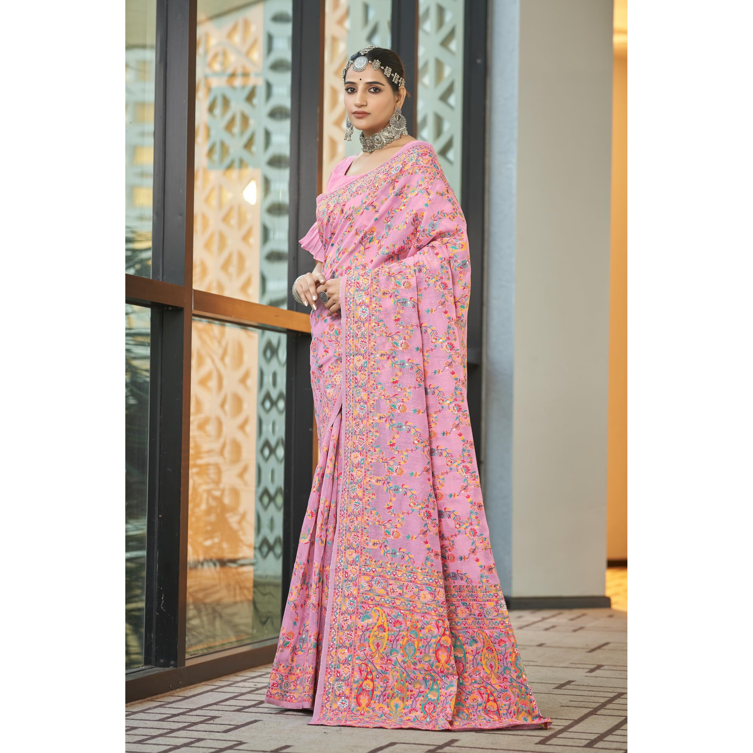 Glory Sarees Womens Kashmiri Pashmina Silk Woven Saree With Blouse Piece (Heritage_Silk108_Pink)